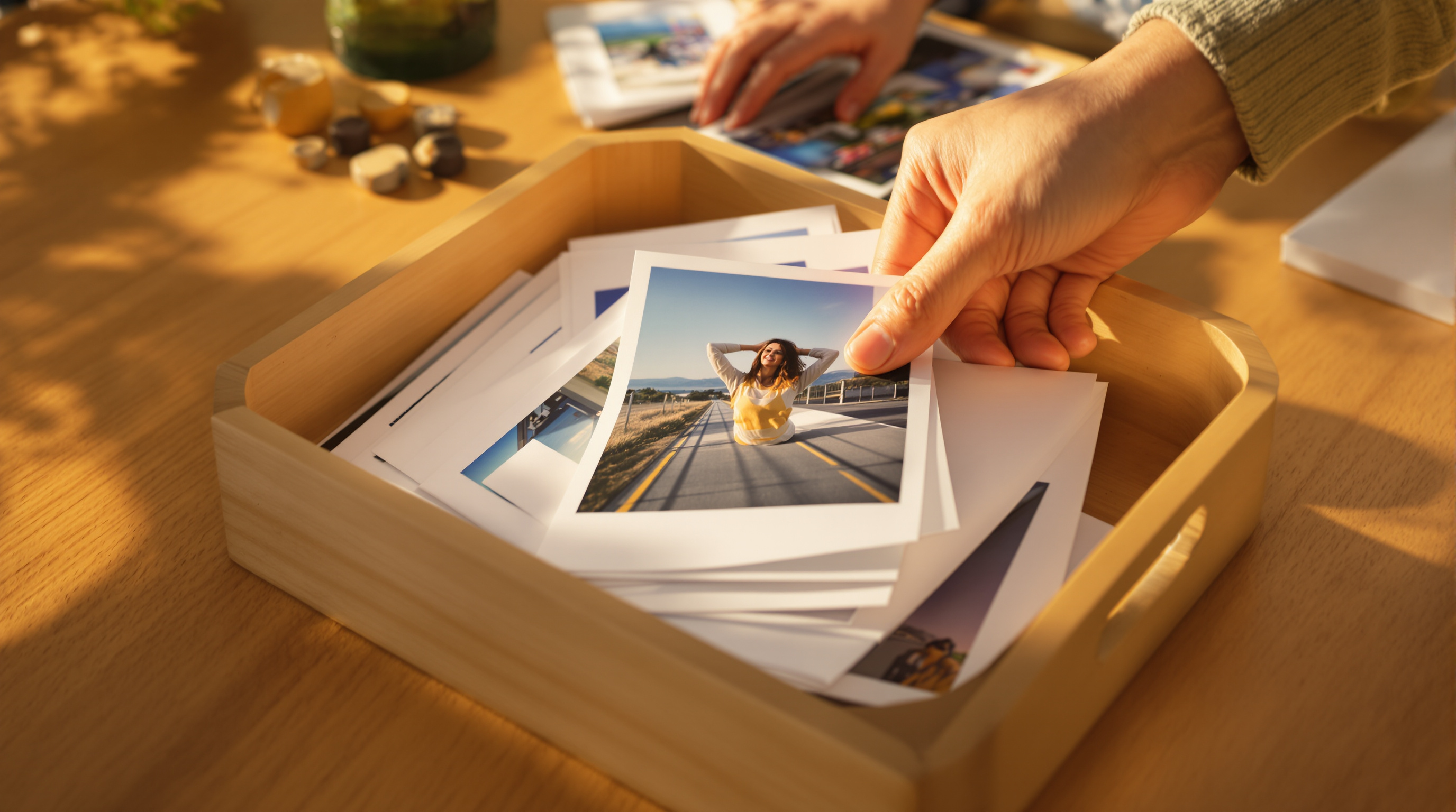 A hand setting a photographic print back into a shallow wooden tray of prints on a warm table in golden light