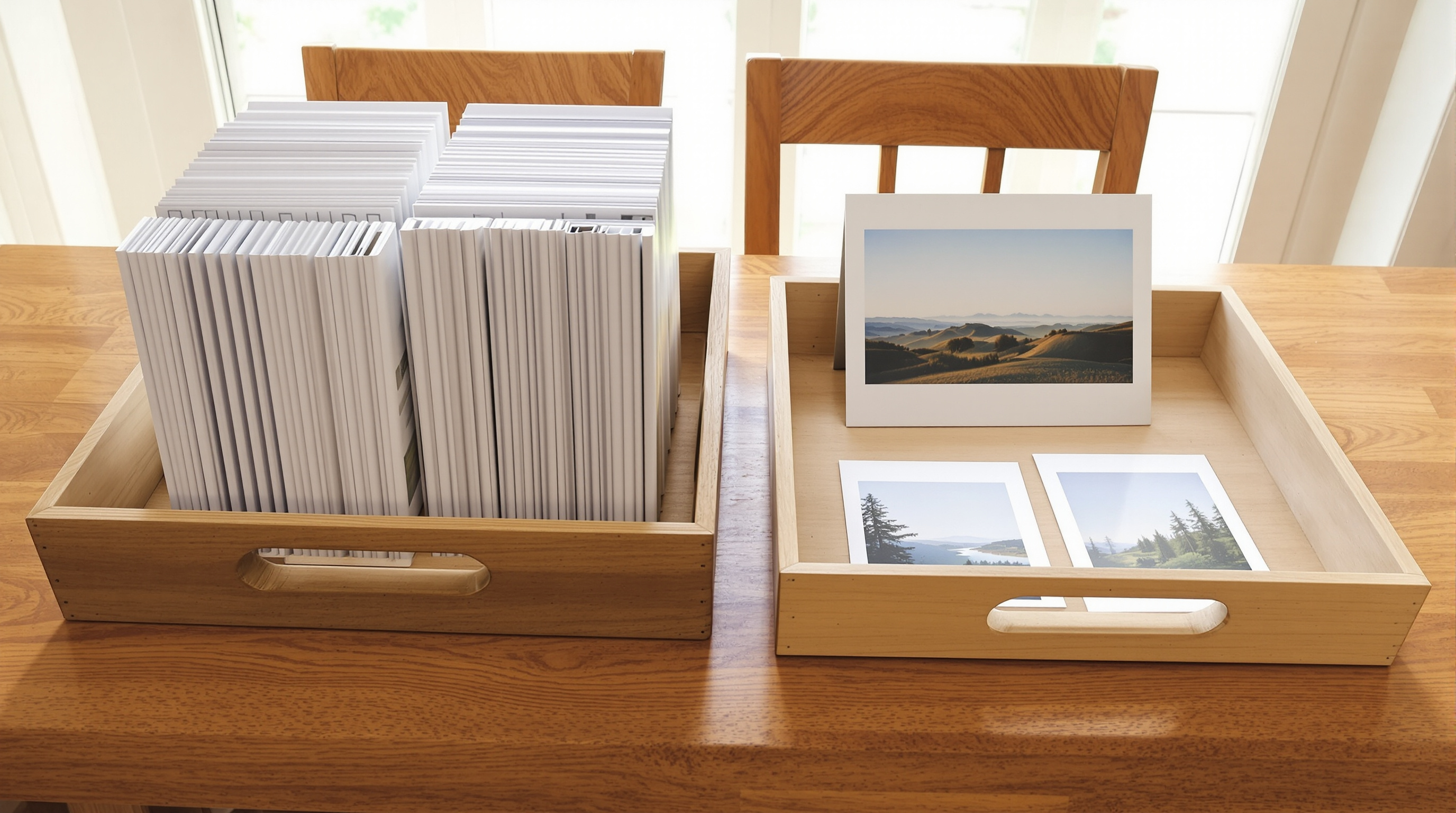 Two shallow wooden trays side by side on a warm oak table, one full of photographic prints and one nearly empty