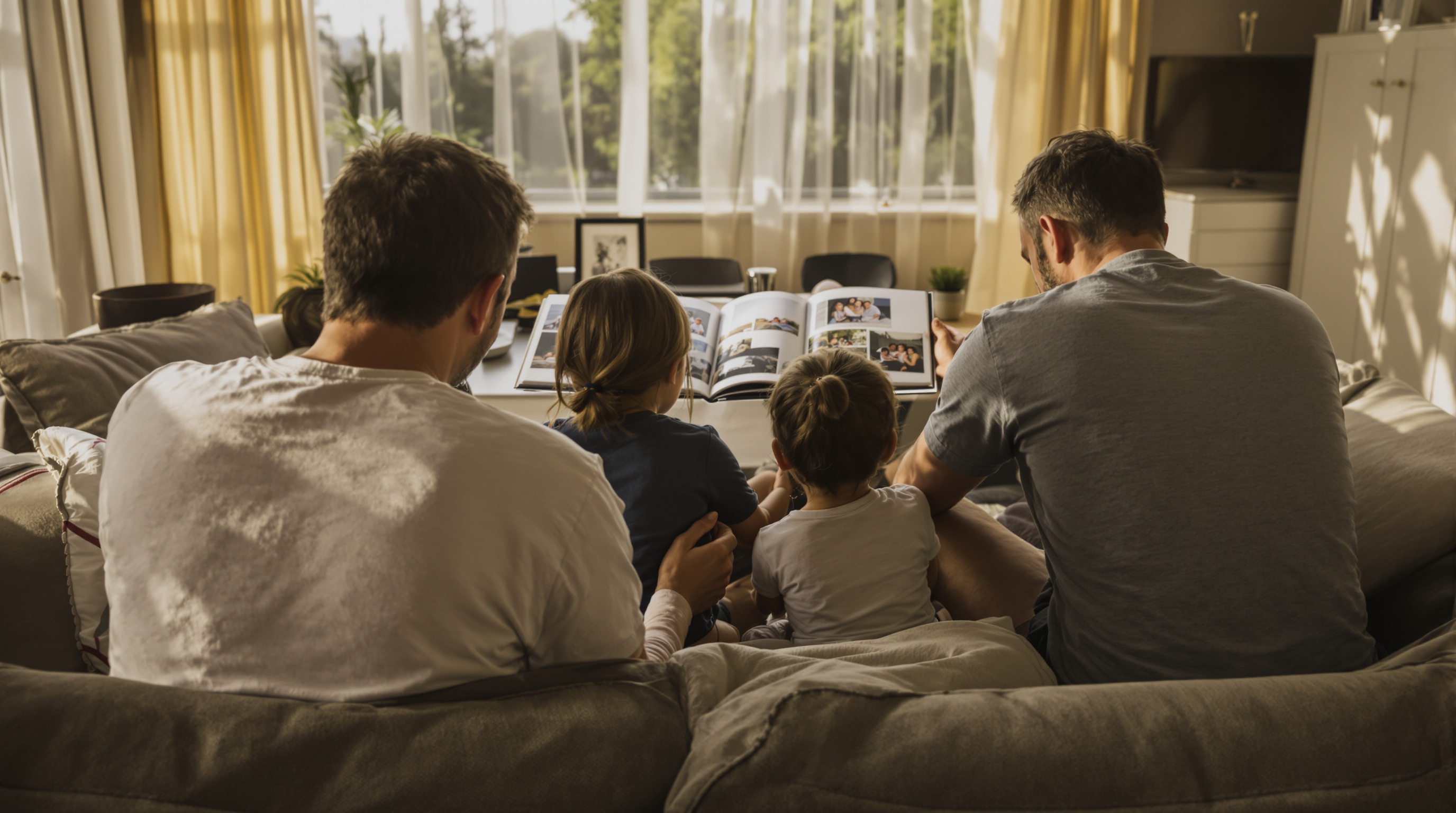 Family gathered around a photo album on a living room couch viewed from behind in warm afternoon light