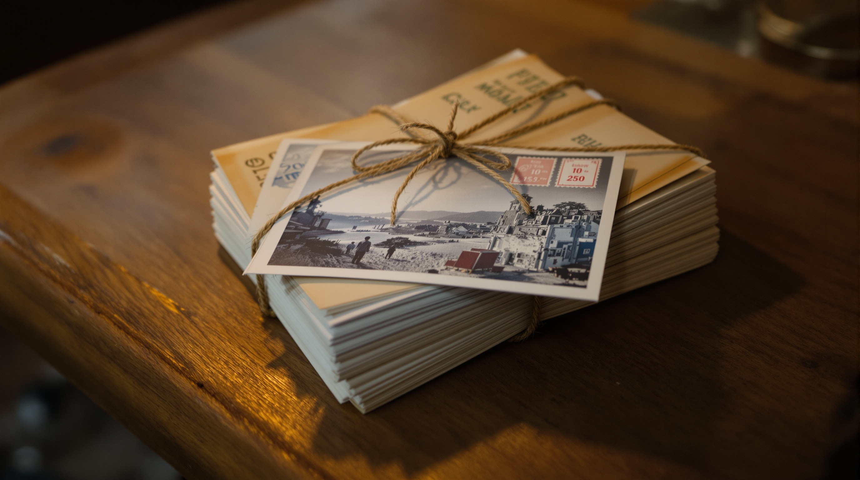 Stack of postcards tied with twine on a wooden table with warm tungsten lighting