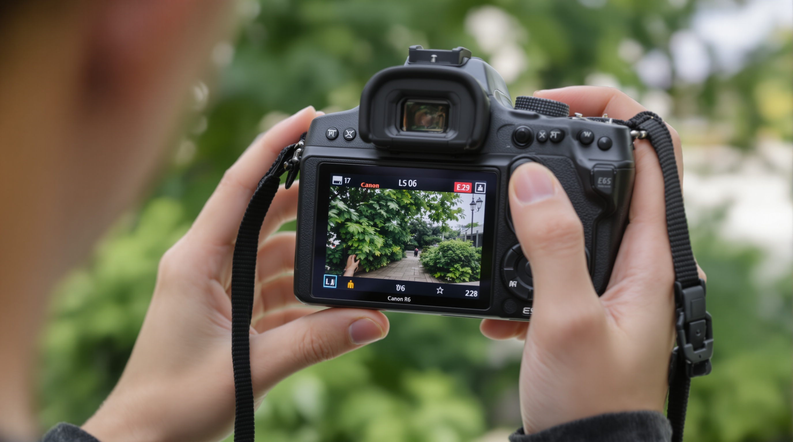 Hands holding a camera reviewing photos on the rear LCD screen, blurred outdoor background with green foliage, close-up detail shot, shot on Canon EOS R6 with 100mm f/2.8 macro, natural daylight, neutral tones