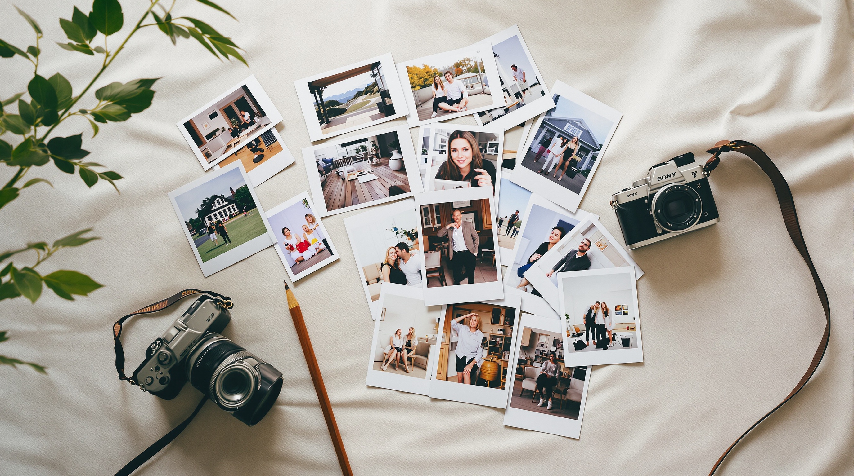 Stack of printed photographs scattered on a linen tablecloth next to a vintage camera, overhead flat lay composition, soft diffused daylight from a nearby window, shot on Sony A7III with 35mm f/2, muted warm tones