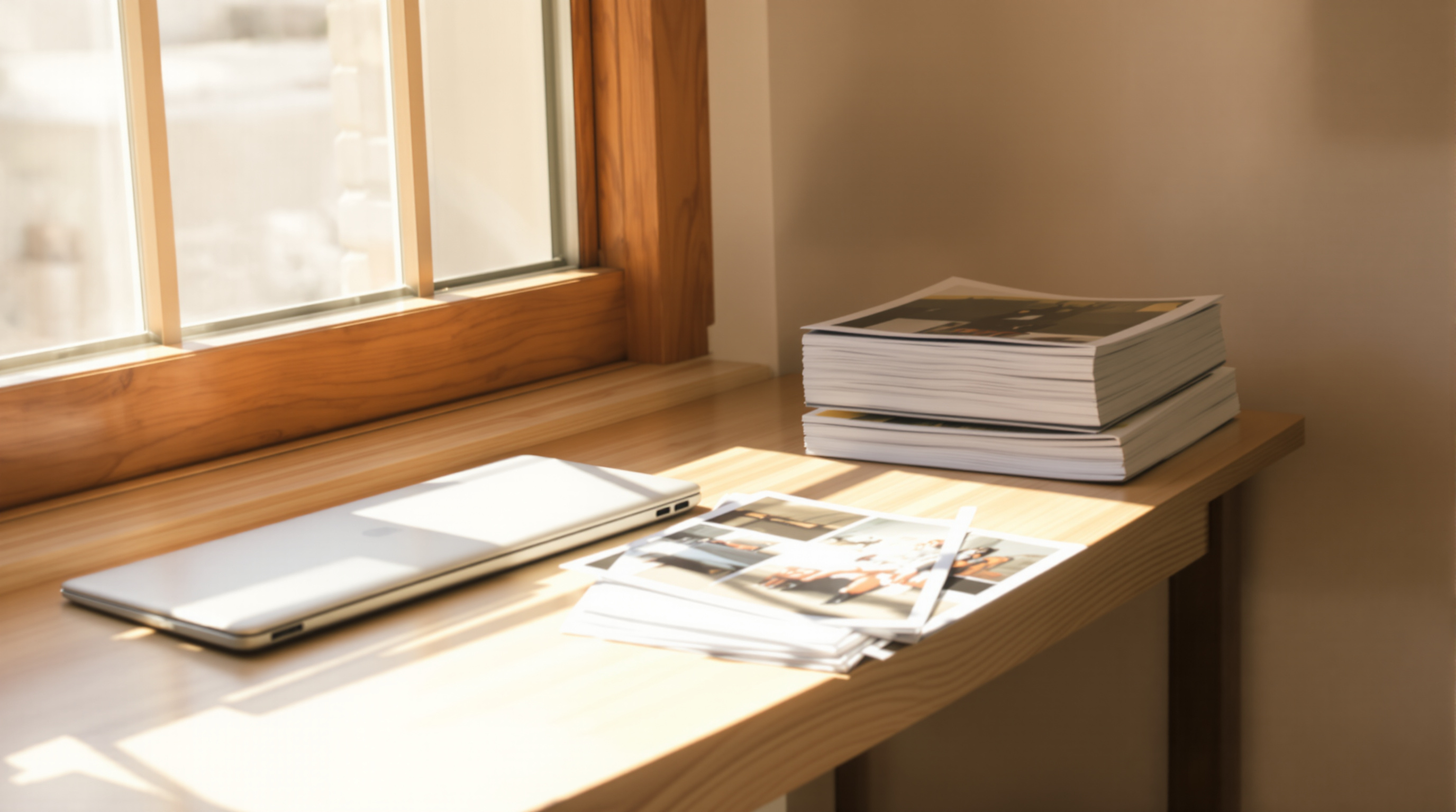 A closed laptop at the edge of a birch desk beside a neat stack of photographic prints in warm side light