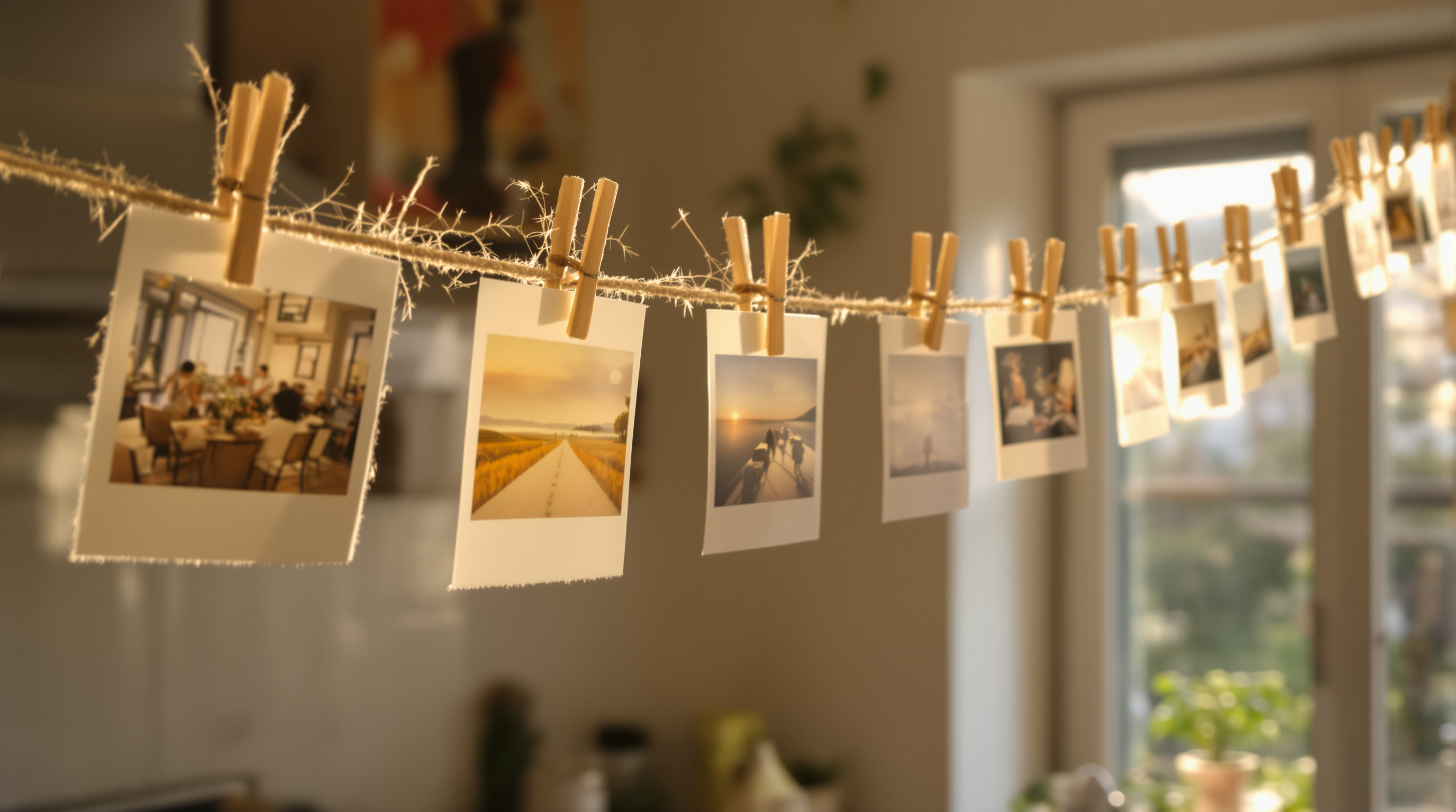 A row of small square photo prints pegged along a cotton line in a sunlit kitchen, backlit so the edges glow
