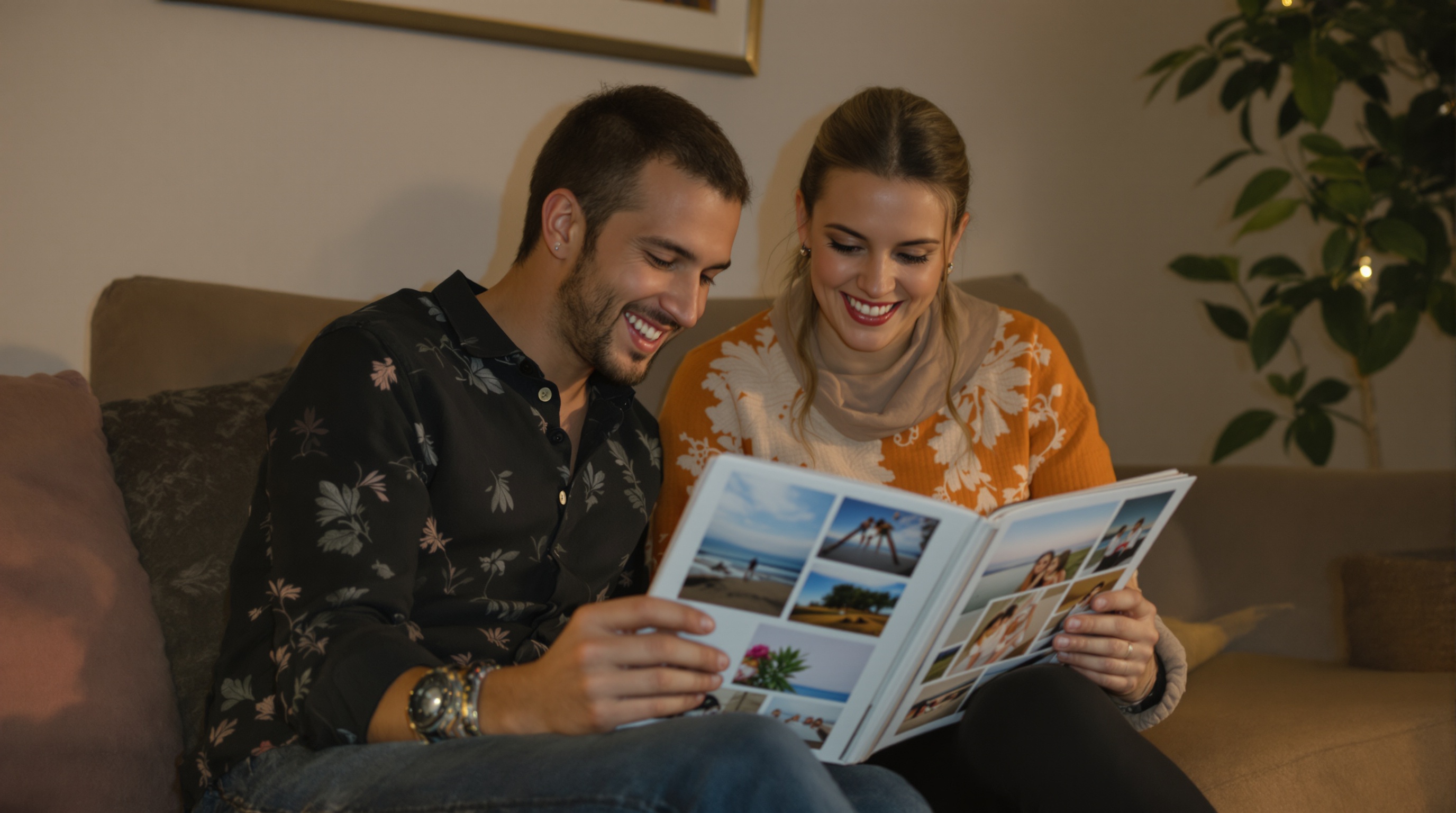 Hands holding a stack of printed photographs with soft window light illuminating the edges, shot on Canon EOS R6 with 50mm f/1.8, warm natural tones, shallow depth of field with blurred living room background