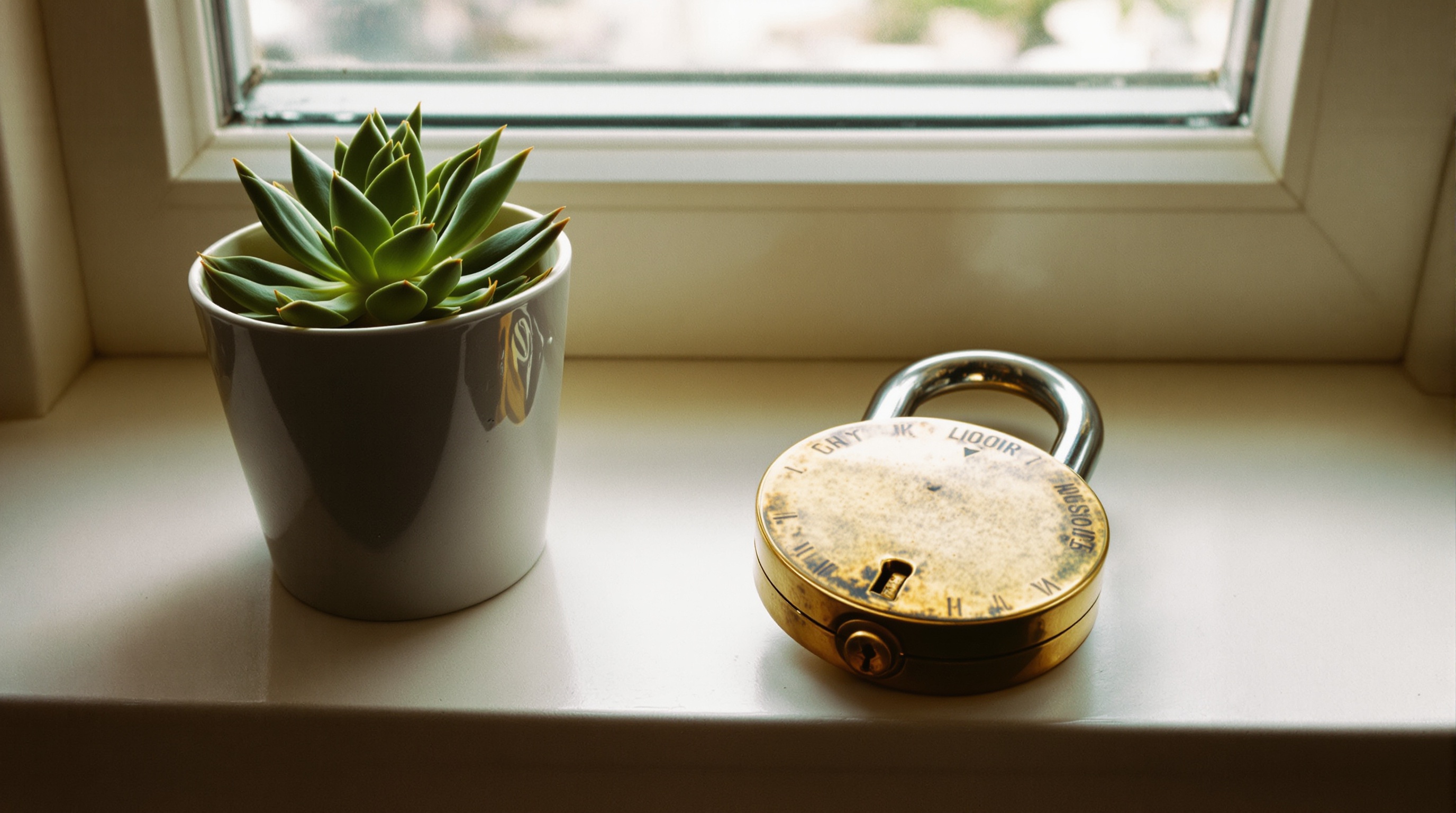 Locked padlock resting on a windowsill next to a potted plant, soft natural light from outside, shot on Ricoh GR III, warm neutral tones, slight vignette
