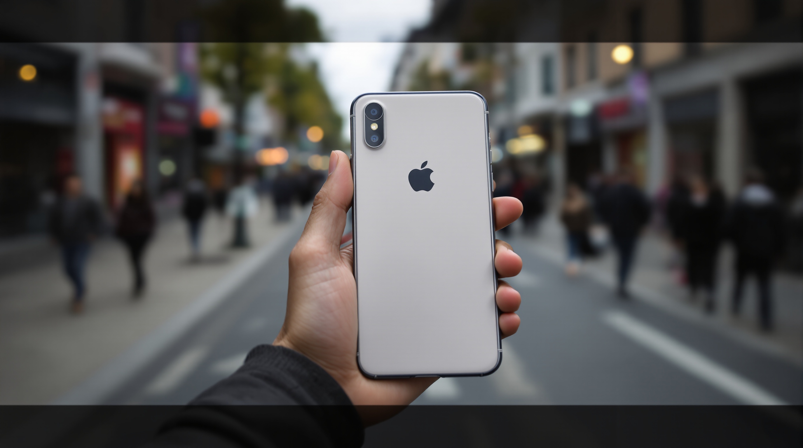 Close-up of a hand holding a phone with the screen turned away, blurred city street in the background, overcast day, shot on Sony A7IV with 50mm f/1.2, cool desaturated tones, shallow depth of field