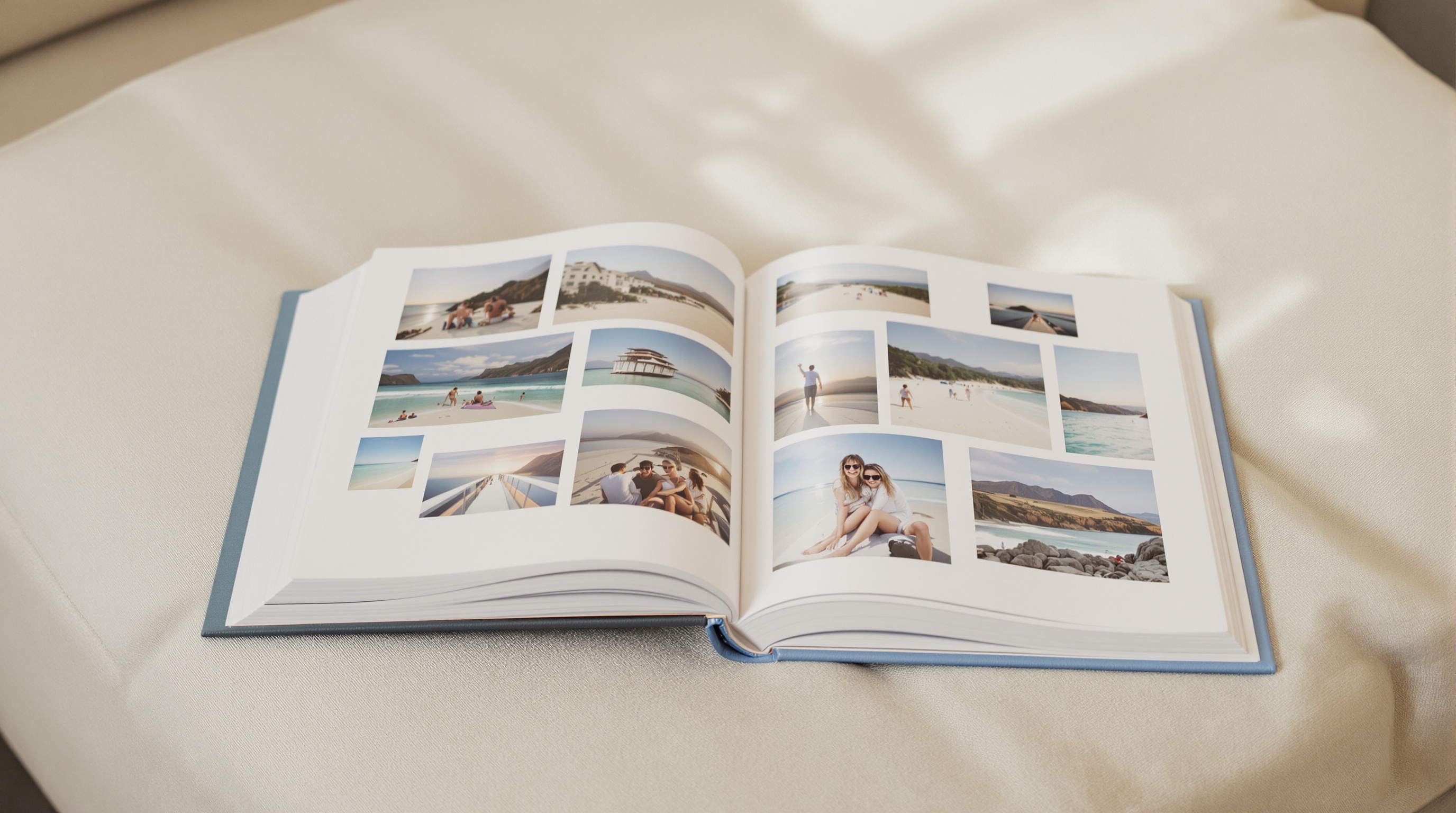 Family photo album lying open on a couch, showing printed vacation photographs, with soft afternoon light