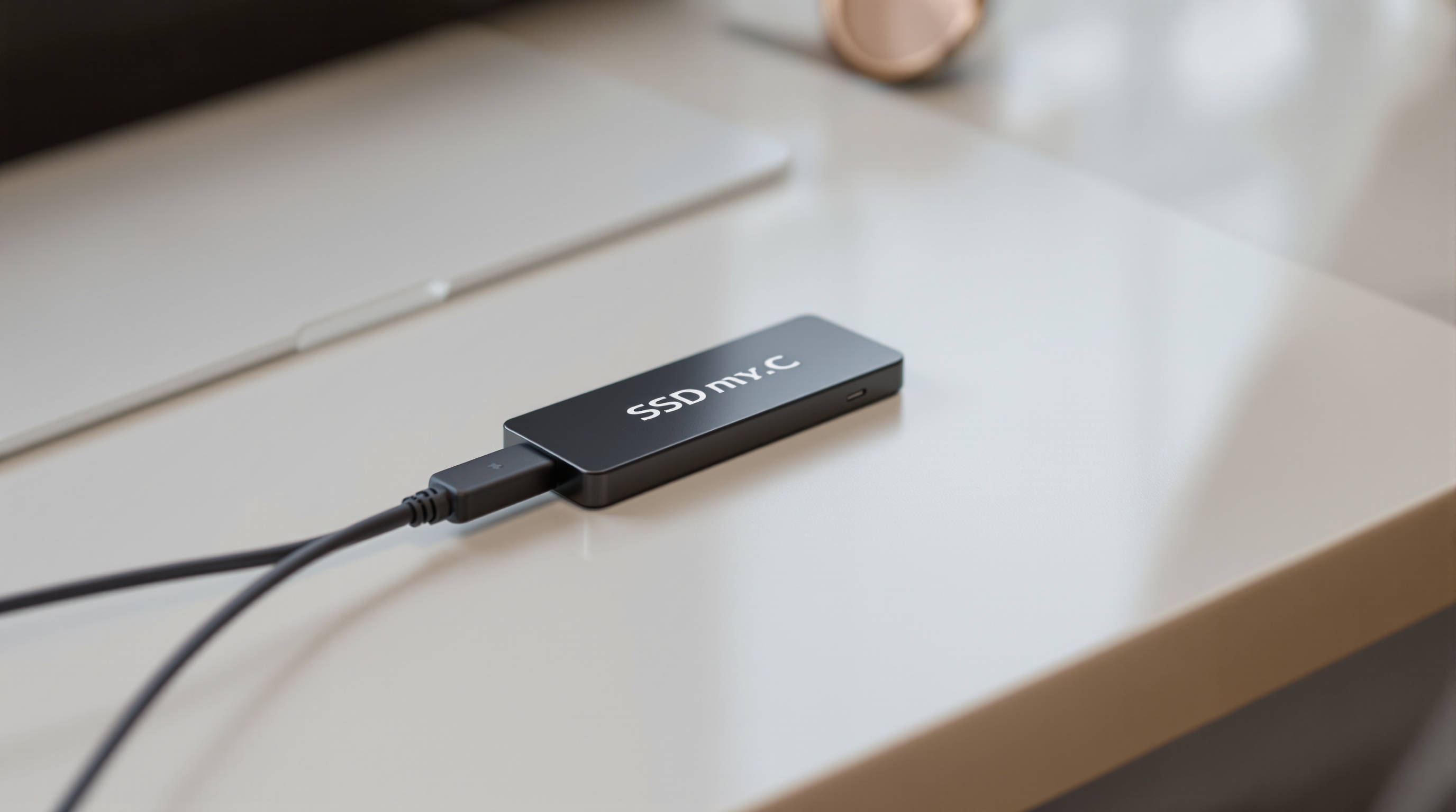Close-up of an external SSD drive connected to a laptop via USB cable on a clean white desk, natural window light