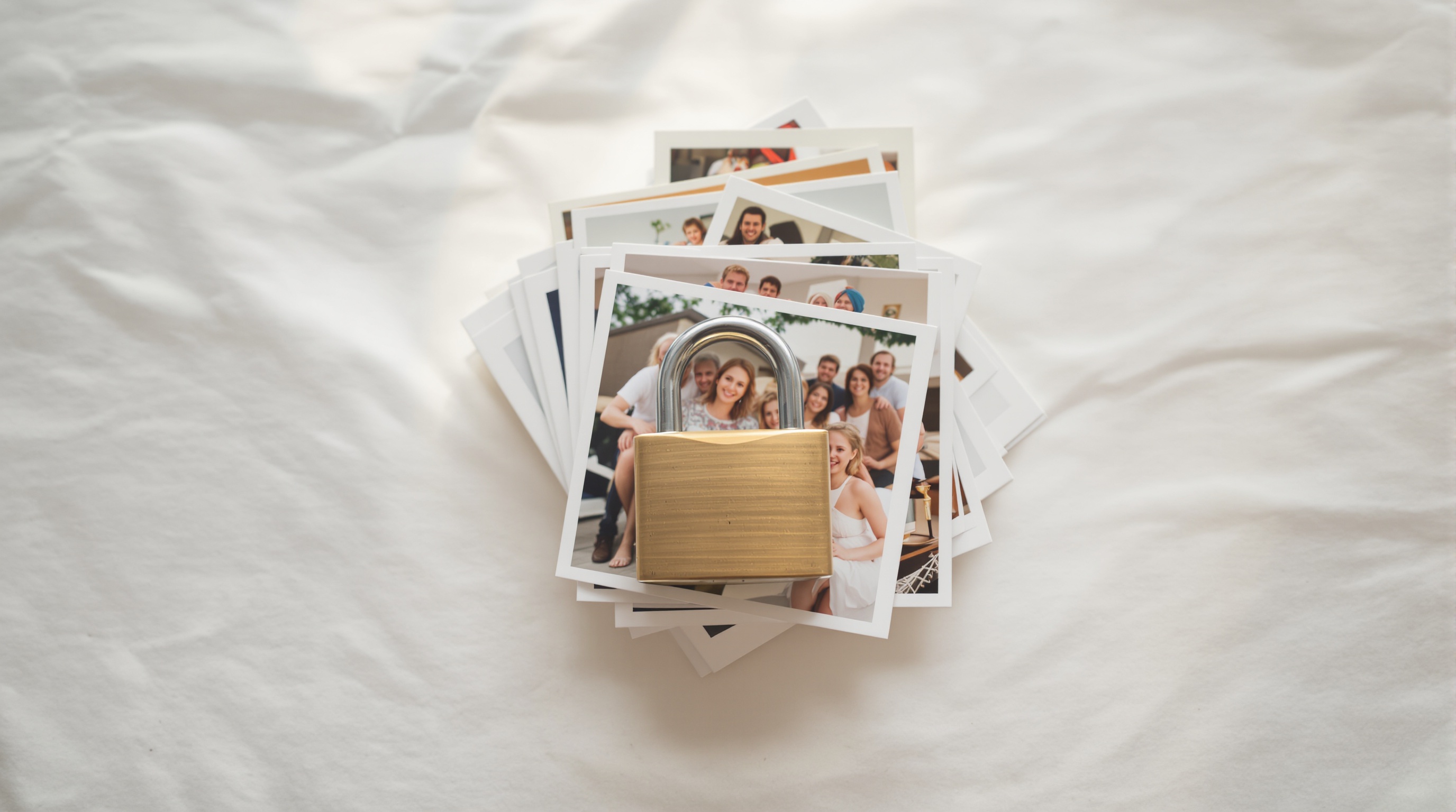 Overhead flat lay of a closed brass padlock resting on a small stack of printed family photographs on a linen tablecloth in warm afternoon light