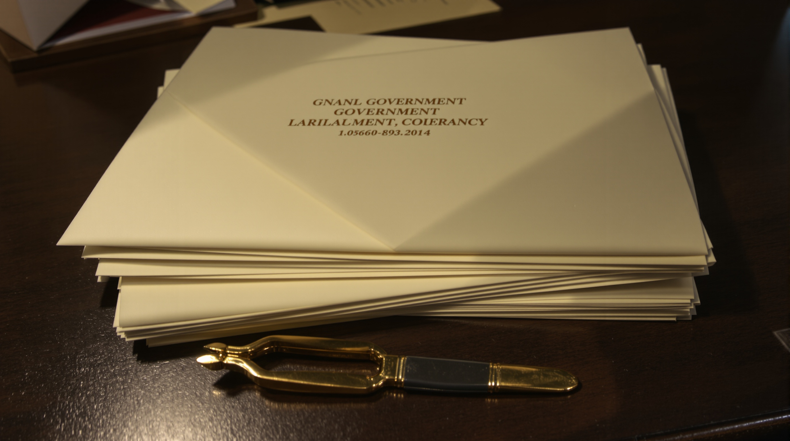 Stack of sealed government envelopes with embossed letterhead on a dark walnut desk beside a brass letter opener under harsh fluorescent office light
