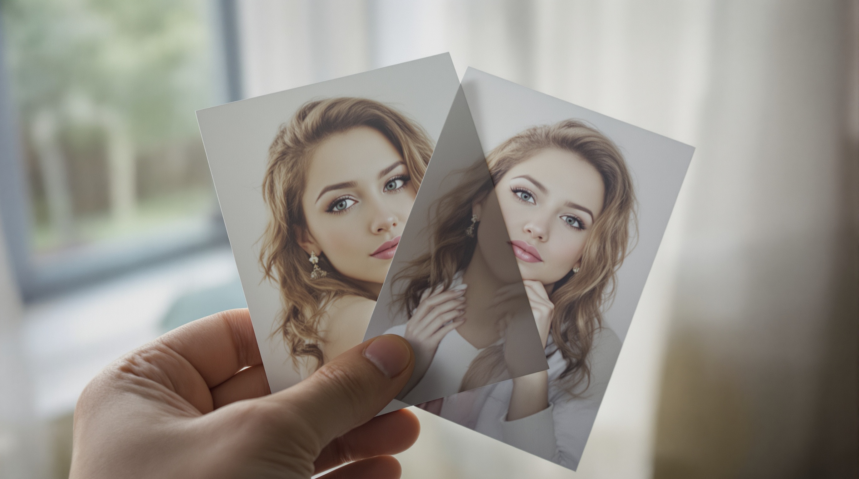Close-up of a hand holding two overlapping printed portrait photographs with slightly shifted alignment, side-lit by soft window light
