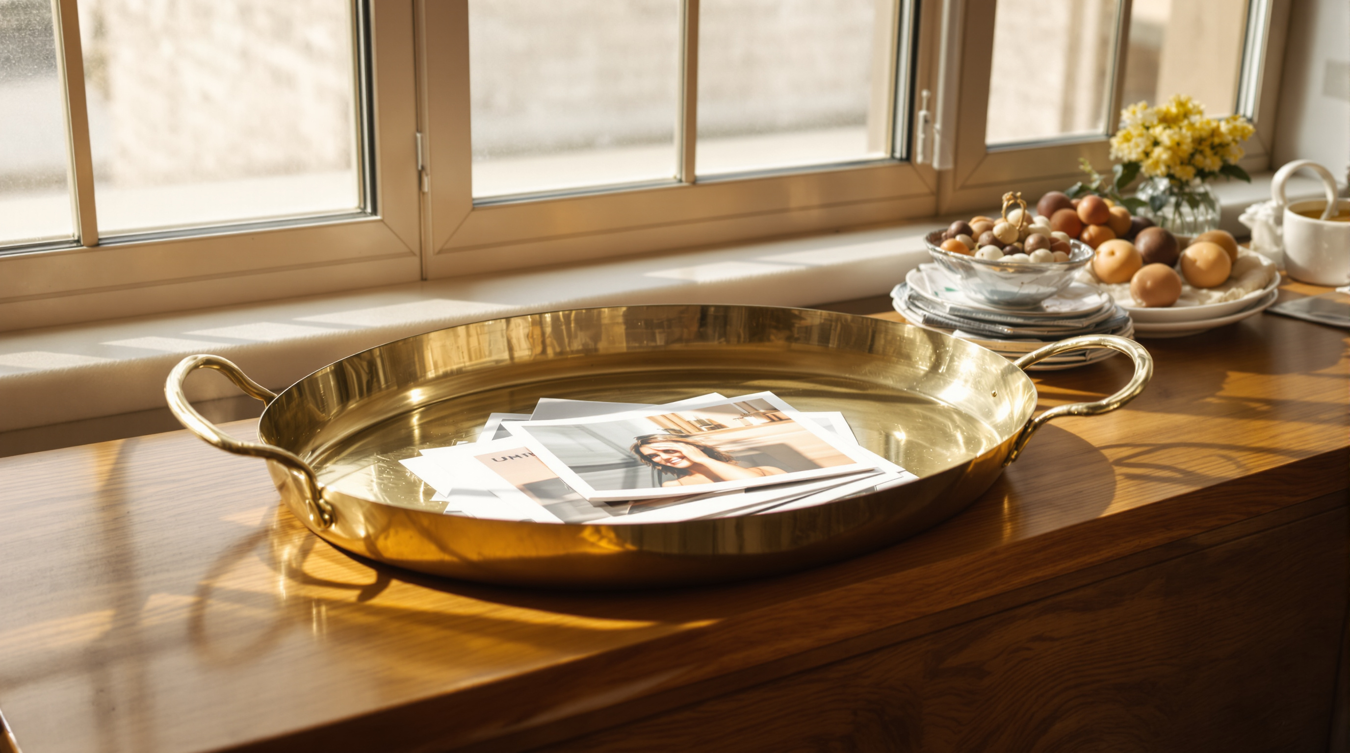 A shallow brass tray on an oak sideboard holding a loose pile of photographic prints in warm window light