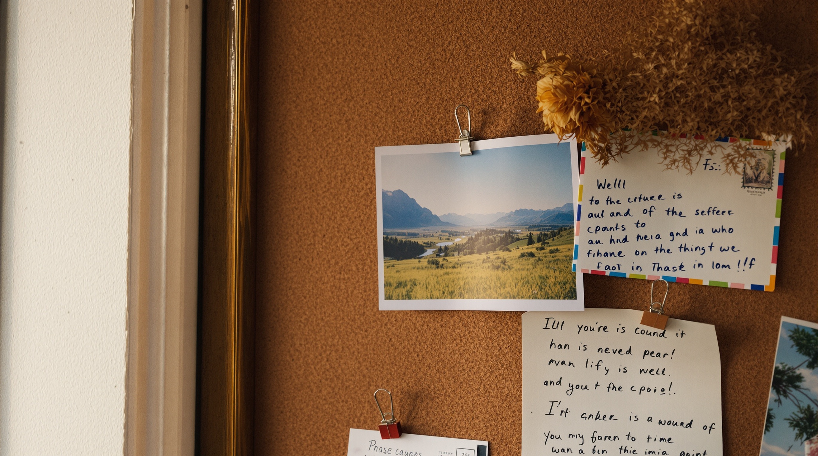 A printed high-quality landscape photo pinned to a corkboard next to travel postcards, warm afternoon light