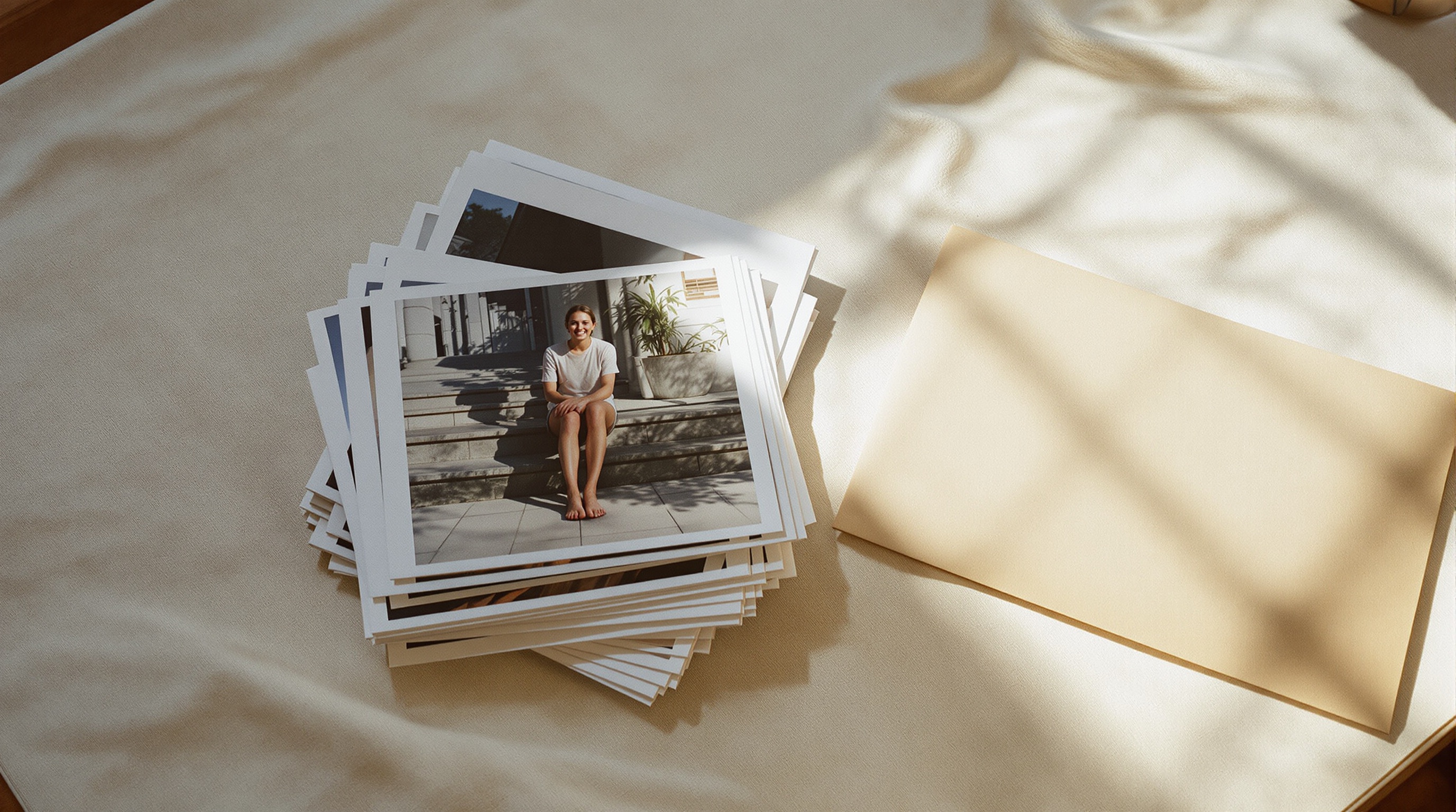 Printed photographs scattered on a linen surface next to a sealed envelope, warm afternoon light