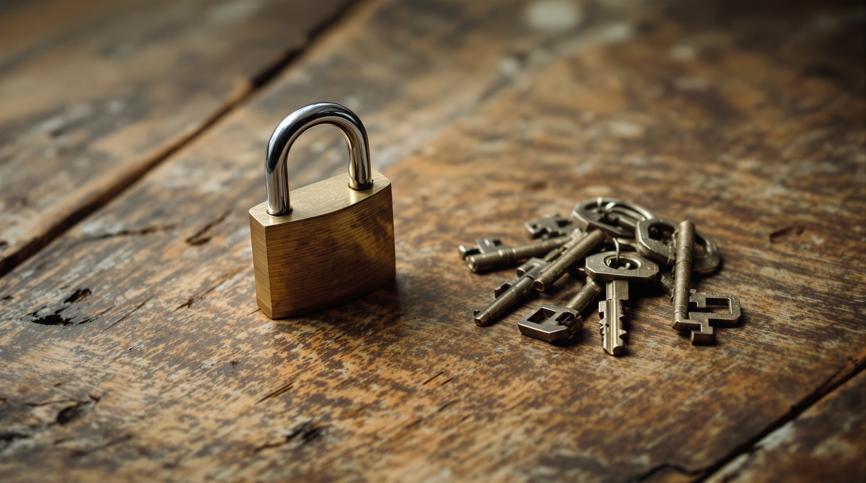 A padlock sitting on a table next to scattered keys, shot from above with natural light casting defined shadows
