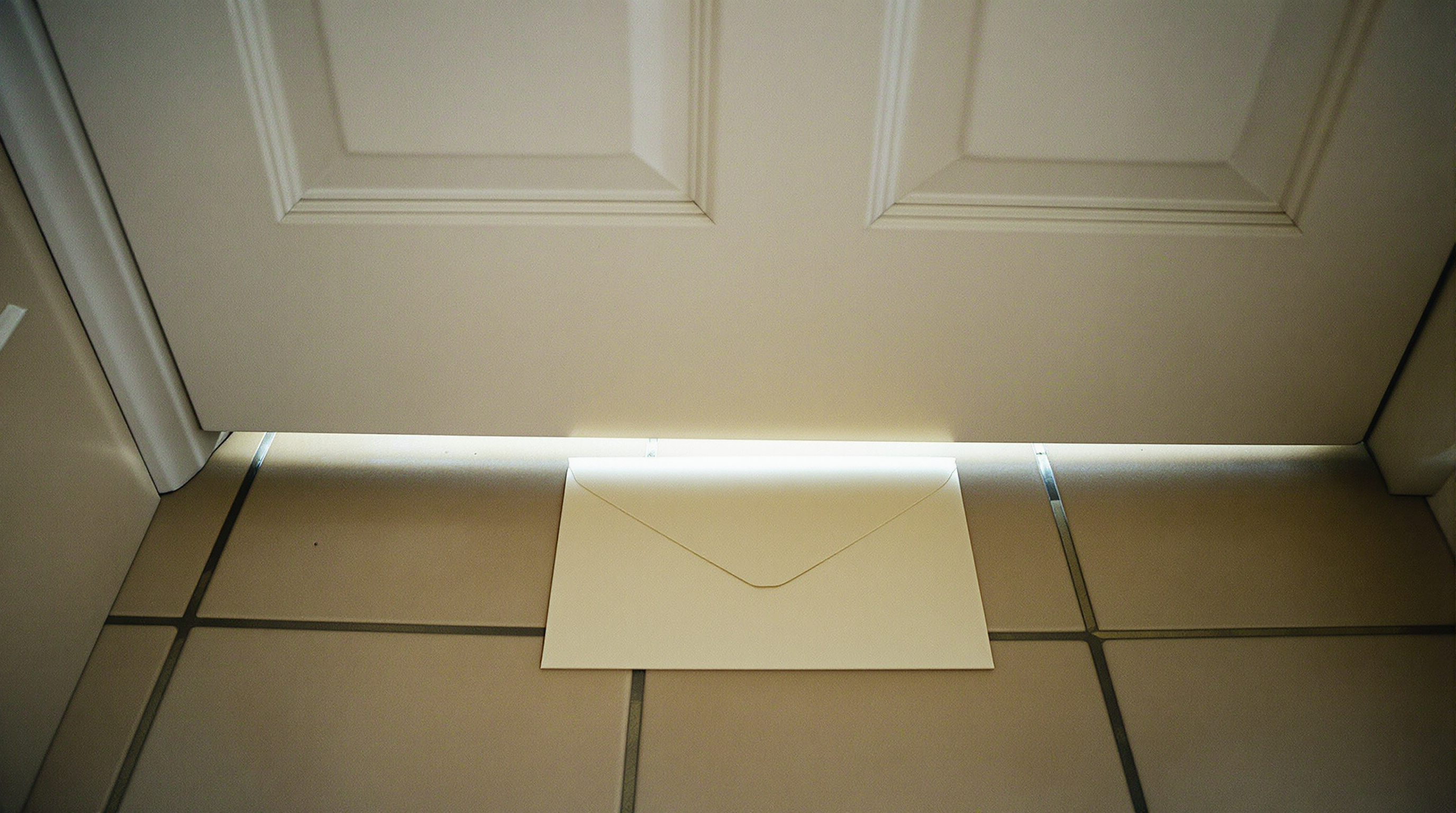 An unmarked cream envelope resting half under a door on a tiled hallway floor with daylight from beyond