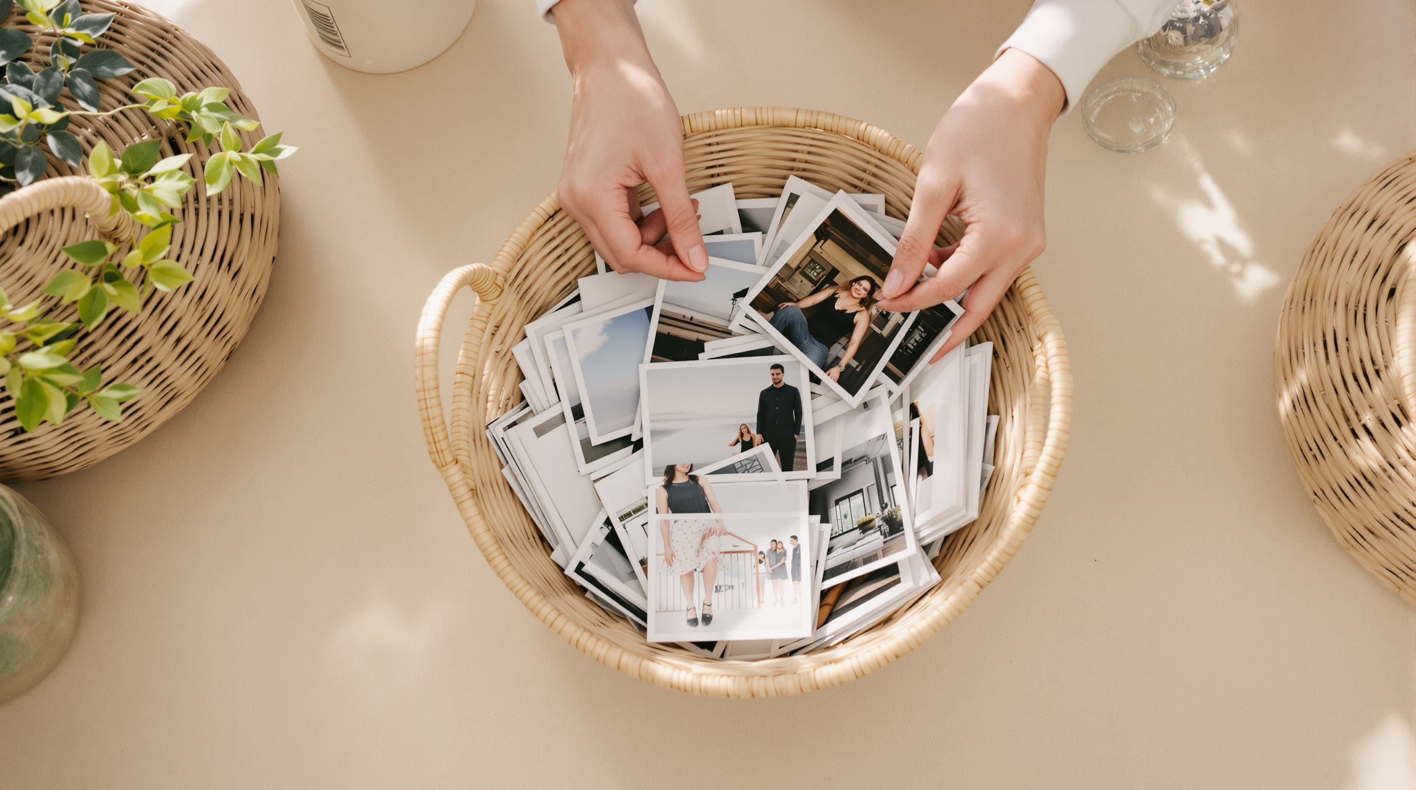 Two pairs of hands adding printed photographs to a shallow woven basket already half full of prints on a kitchen table