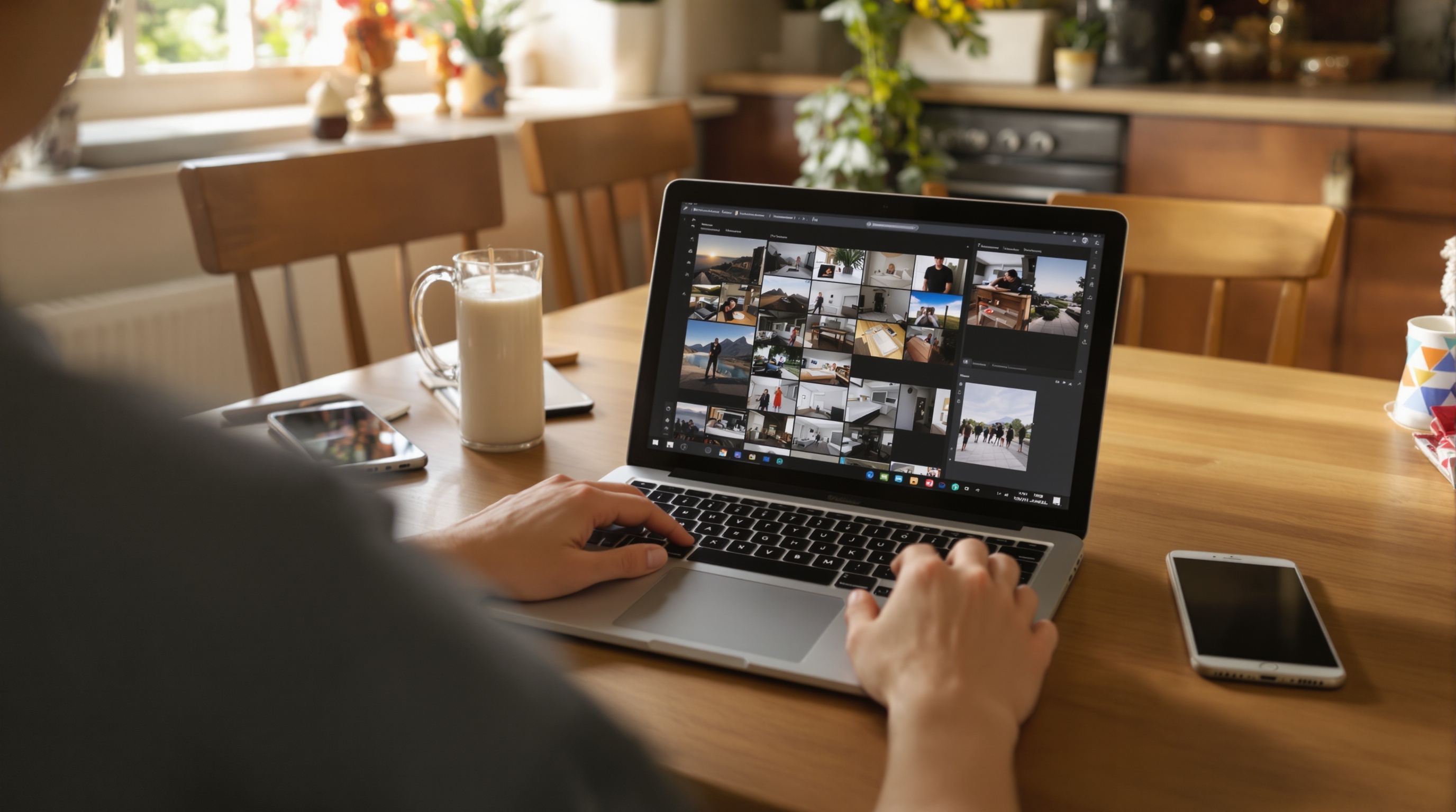 A person sitting at a kitchen table with two phones and a laptop, reviewing photos on screen, photographed from behind with warm interior lighting