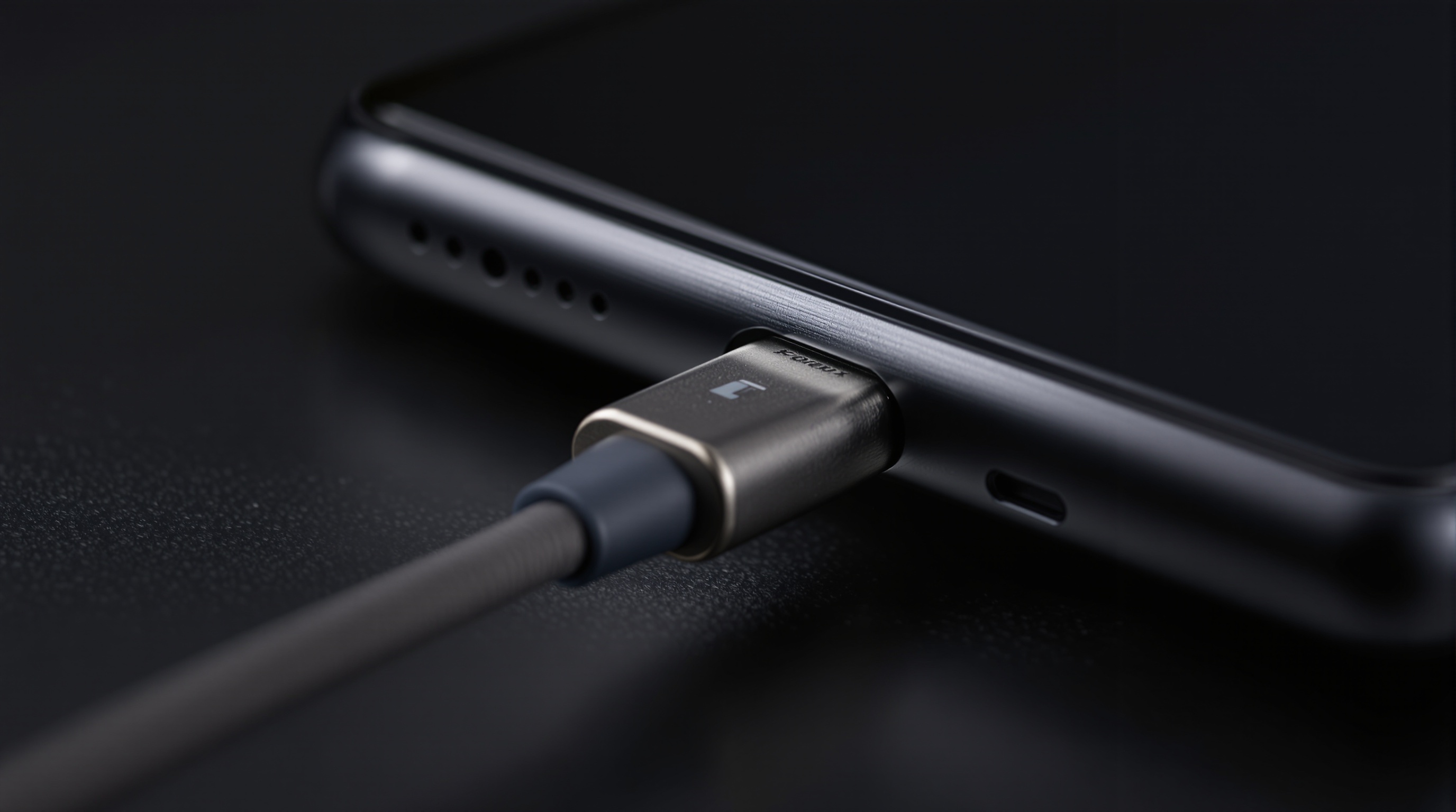 A USB-C cable connecting two phones on a dark surface, photographed with a macro lens showing the connector detail and cable texture