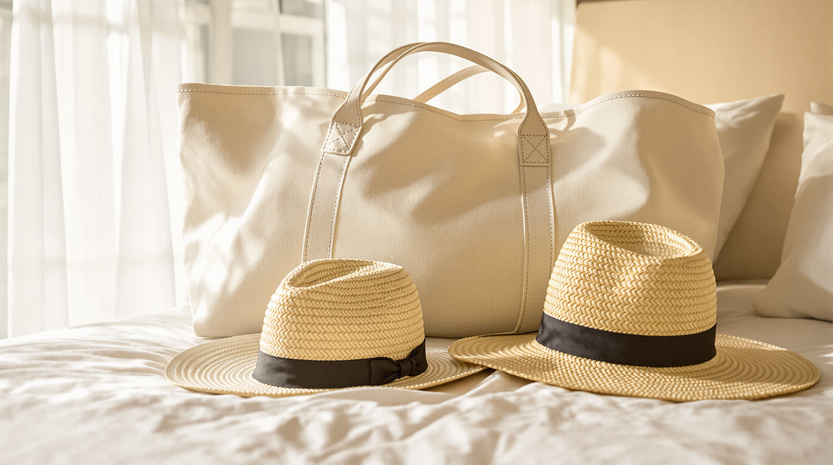 A canvas tote bag and straw hats on a sunlit hotel bed