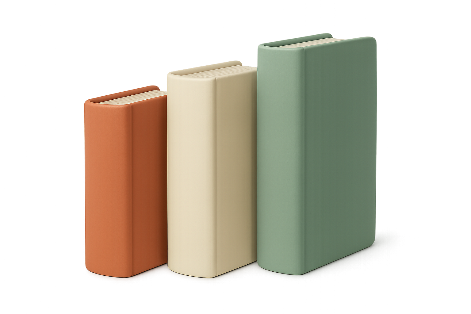 Three closed photo albums standing side by side, terracotta, cream and sage, each a different height
