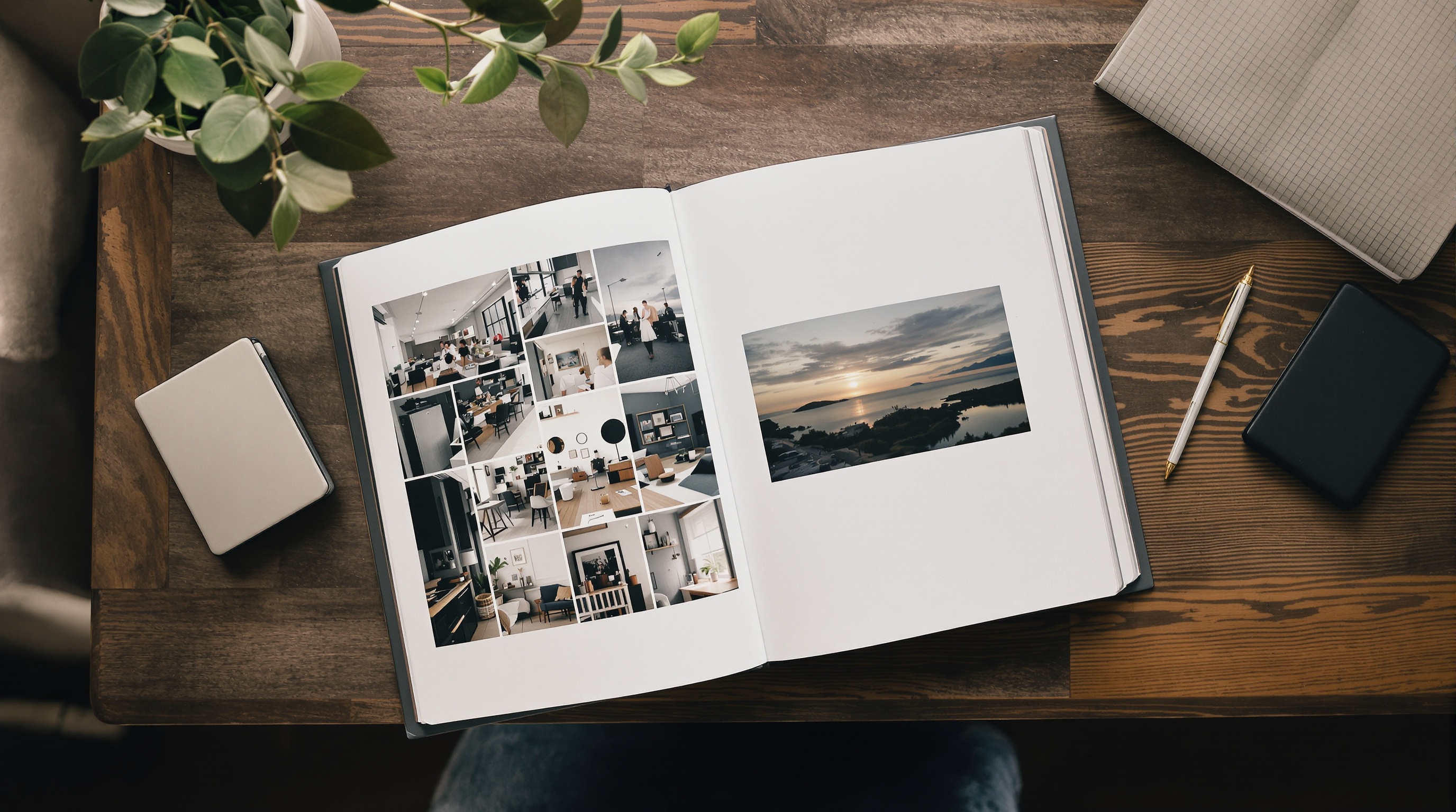 Open physical photo album on a wooden table next to an external hard drive and a paper notebook in soft morning light