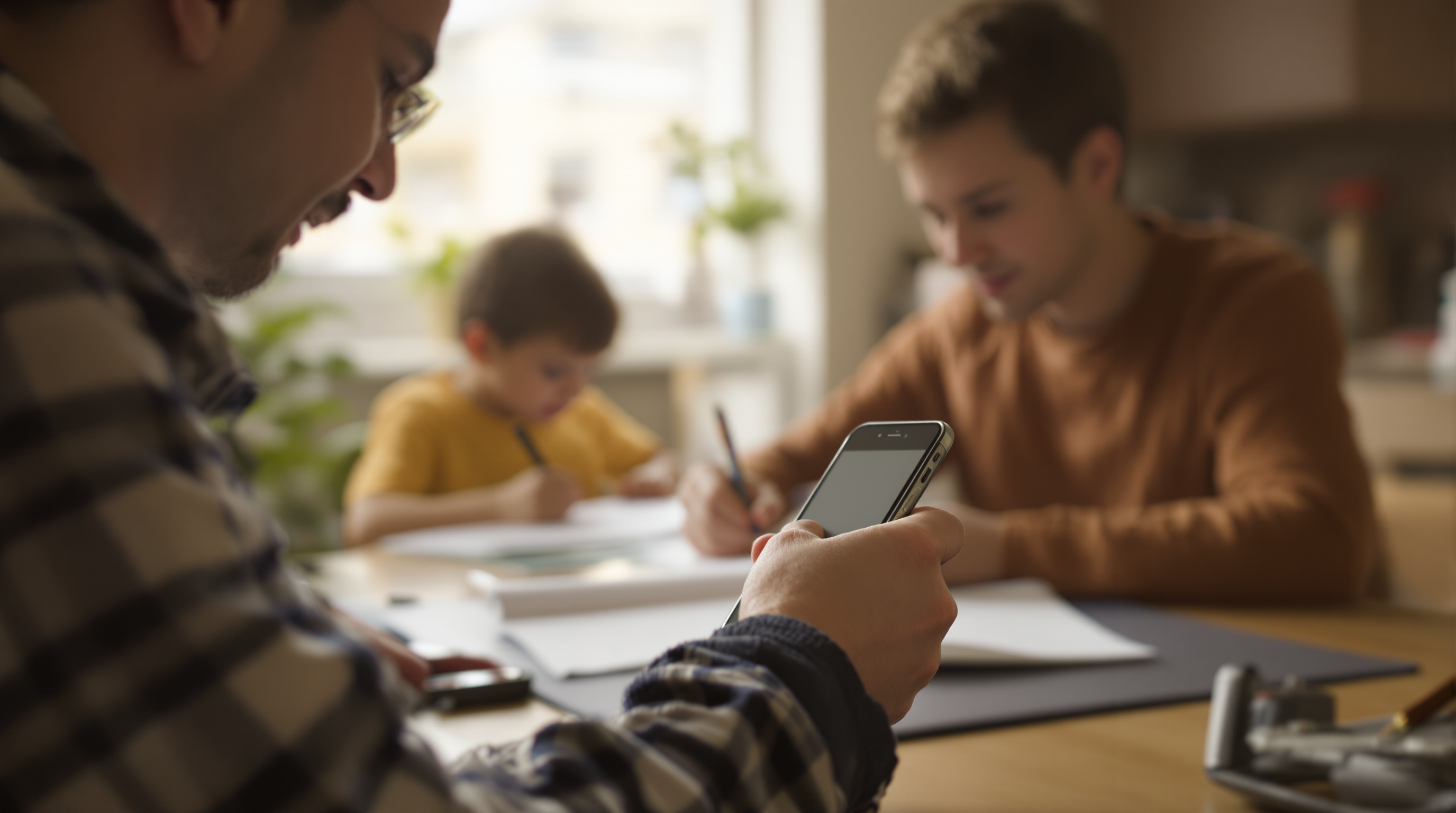 A teenager's smartphone lying face-down on a school desk beside a notebook and pencil, soft classroom light