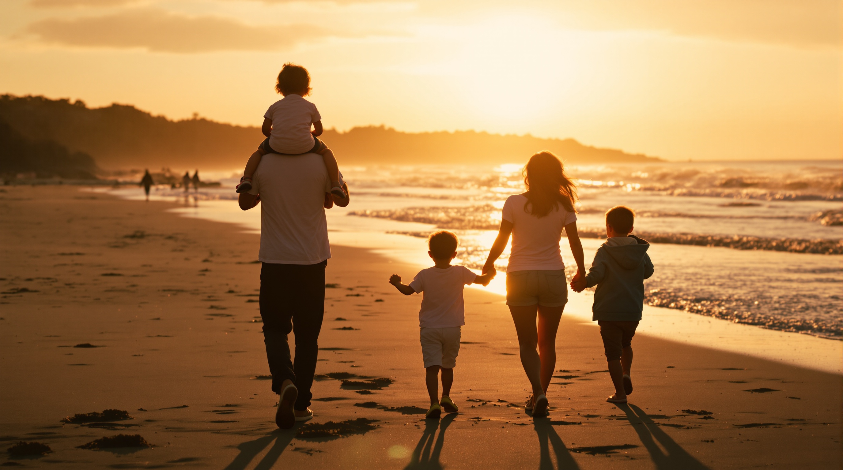A family walking along a beach at sunset, father carrying a toddler on his shoulders, shot from a distance