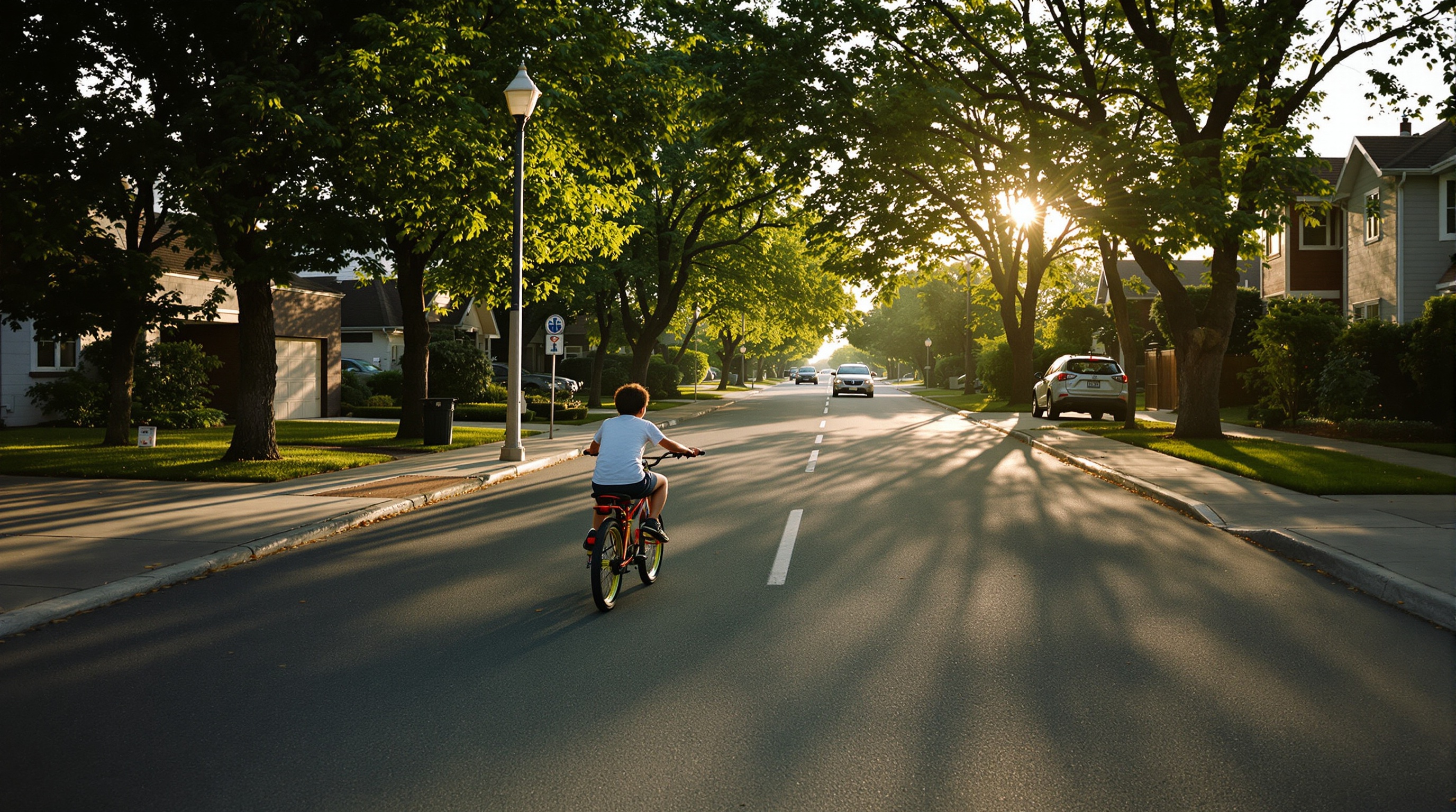 A child riding a bicycle down a tree-lined suburban street, shot from behind at golden hour with a long shadow