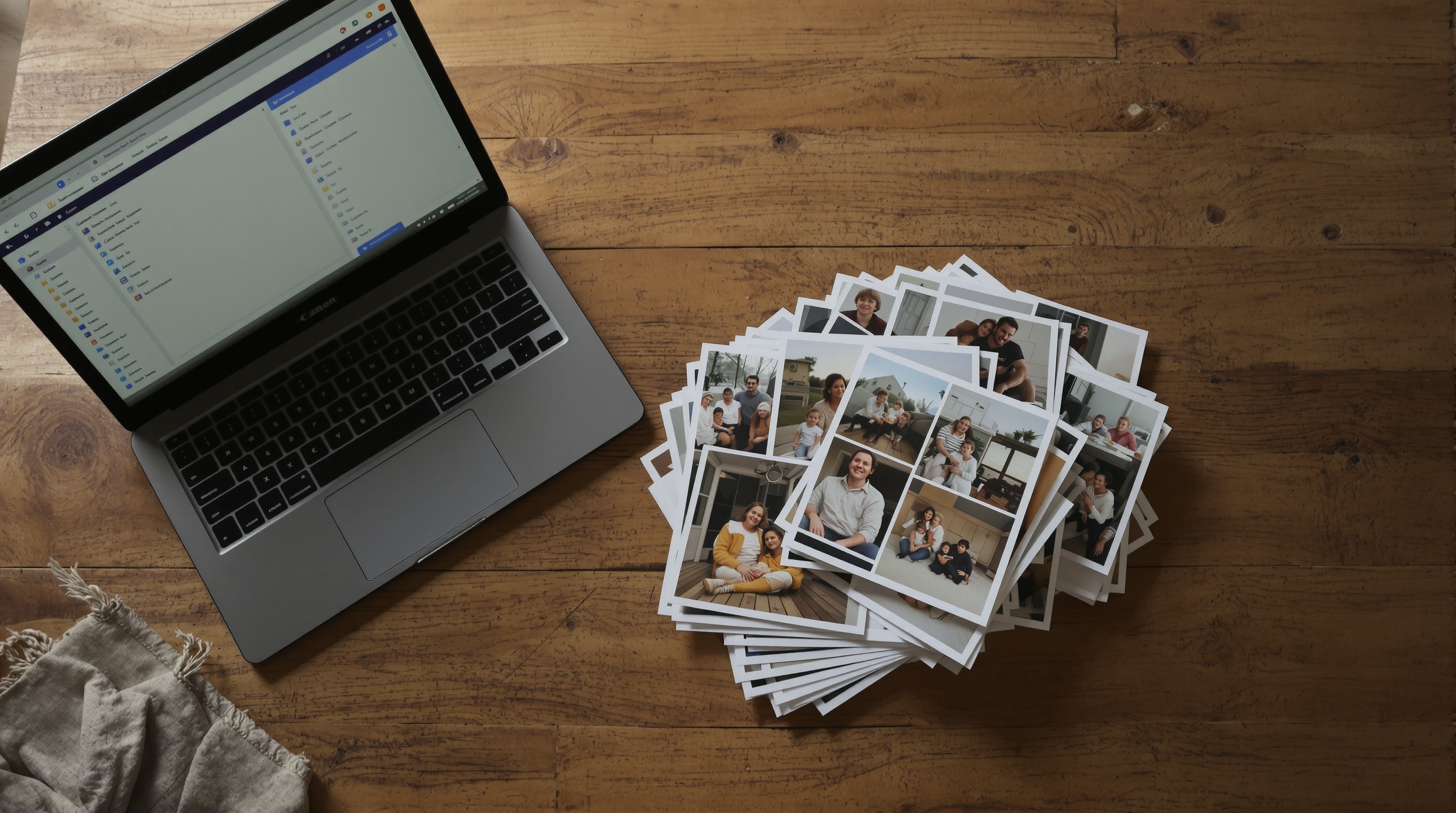 A stack of printed photographs on a kitchen table next to an open laptop, soft diffused daylight from a window