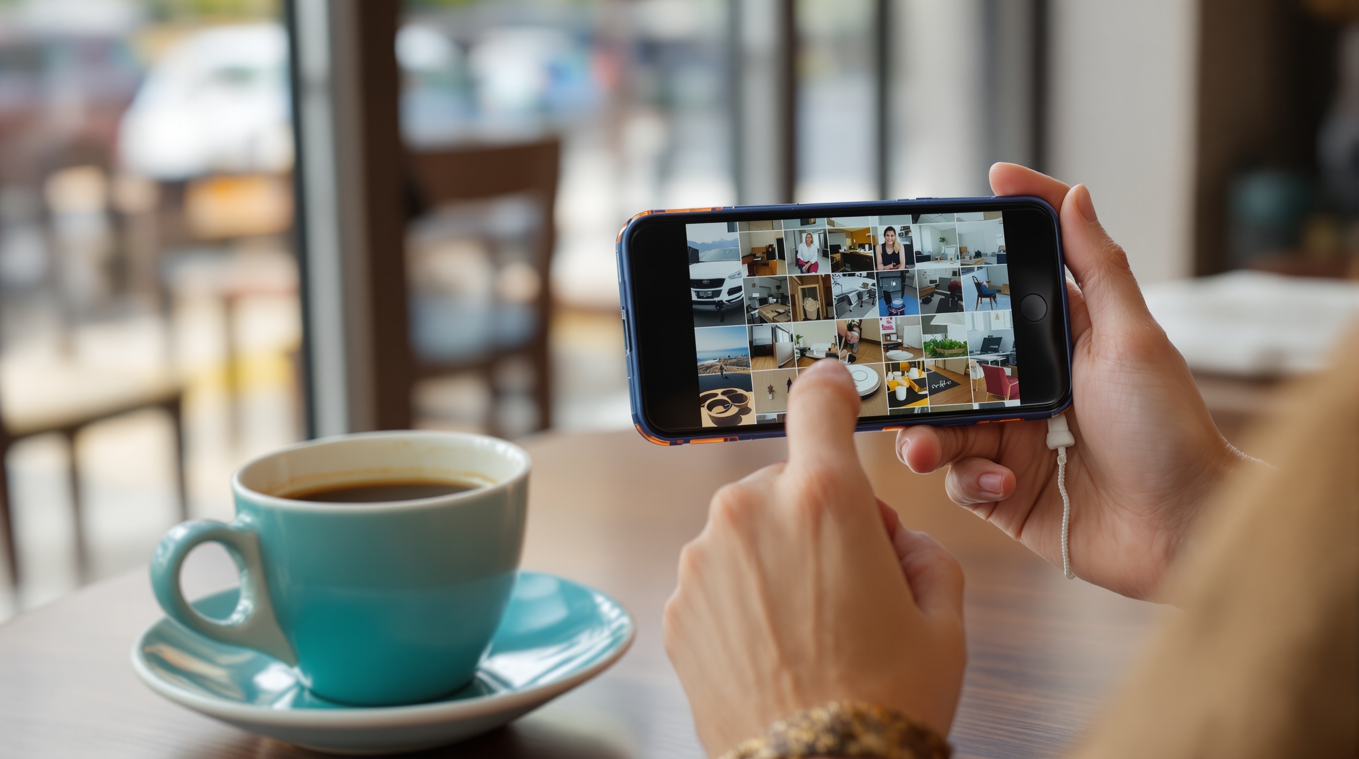 Person looking at a phone screen showing a camera viewfinder, sitting in a cafe with natural window light, shot on Leica Q3 with 28mm f/1.7, warm ambient tones
