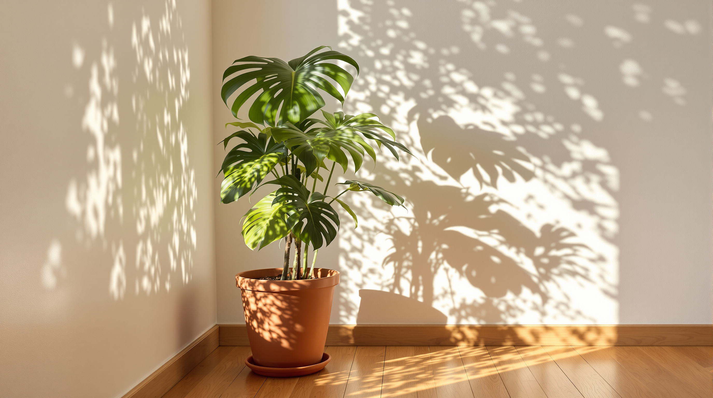 A potted monstera plant against a white wall in dappled sunlight