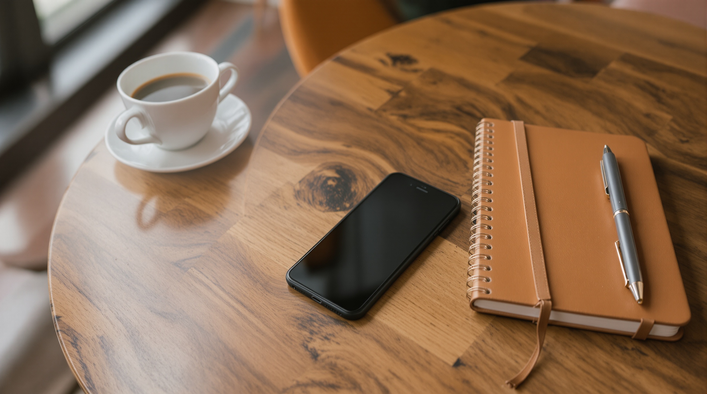 An iPhone resting on a wooden cafe table next to a cup of coffee and a leather notebook in soft morning light