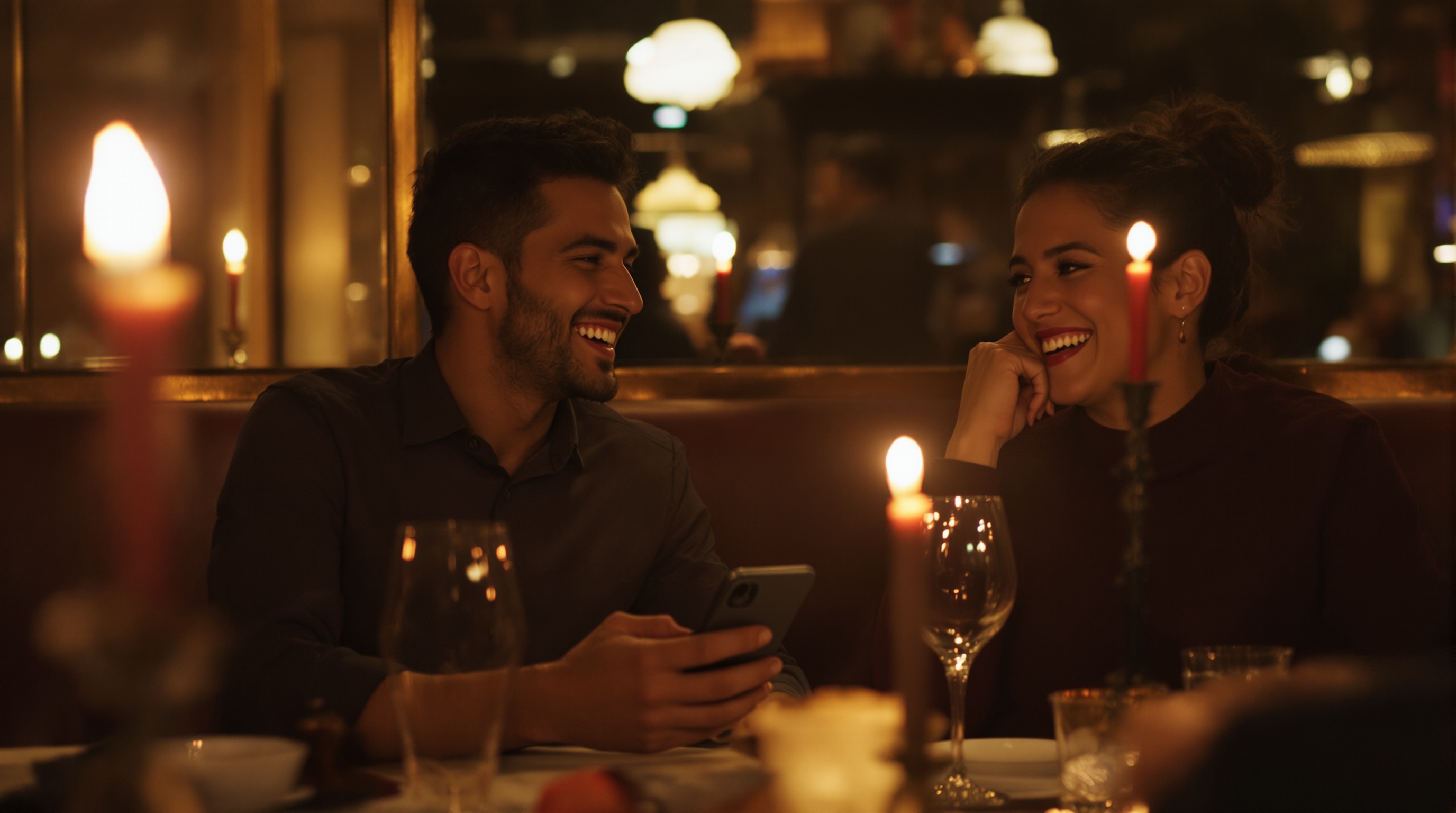 Two friends laughing together at a candlelit restaurant table while one holds a phone