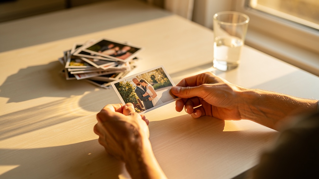 Printed photographs spread across a wooden table beside an open wooden index box with plain card dividers