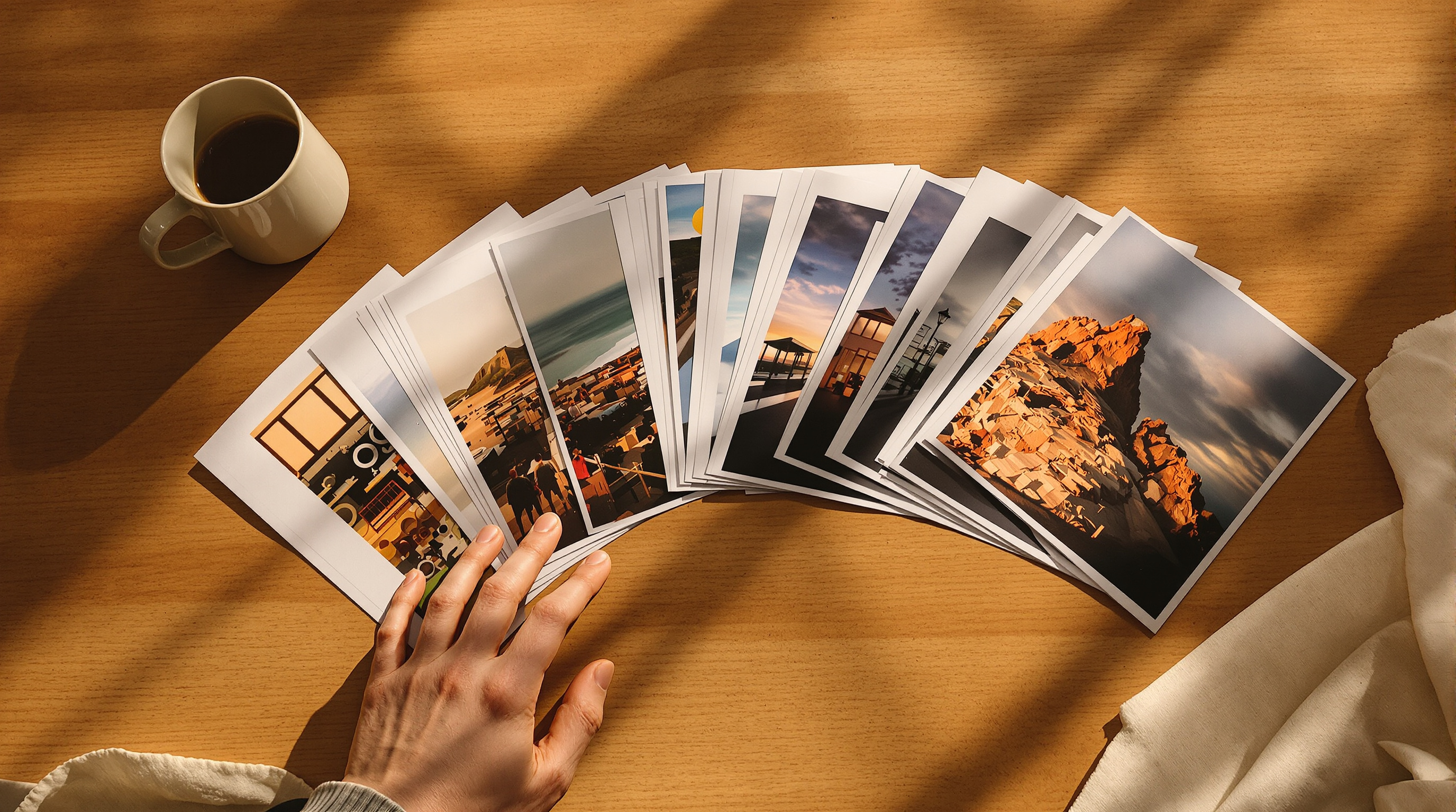 Photographic prints fanned in an arc across a sunlit oak table, one hand resting on the table beside them without lifting any