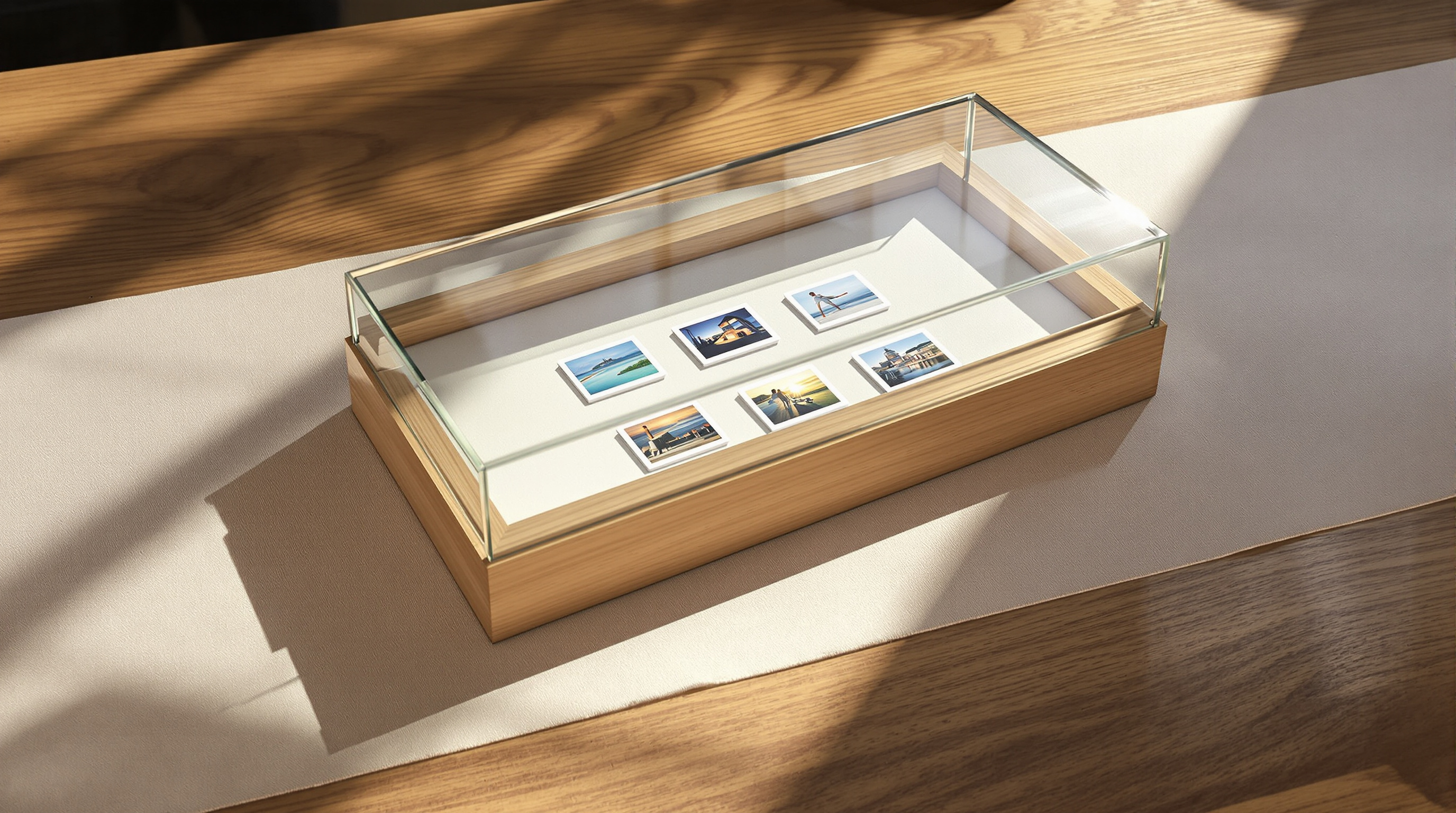Six small photographic prints arranged inside a shallow glass-topped wooden display box on a sunlit oak table