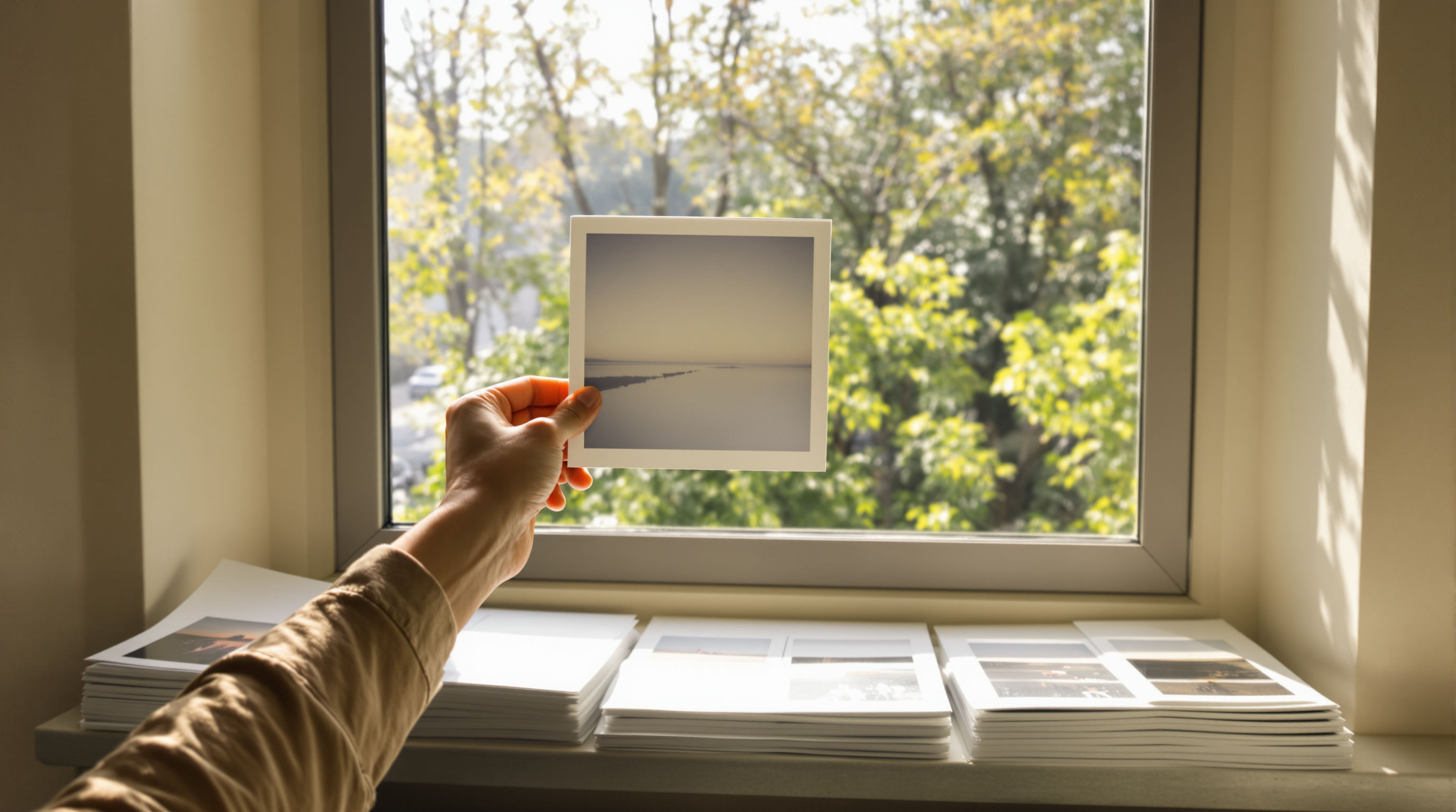 One hand holding a single photographic print up to a bright window, the rest of the prints left stacked on the sill below