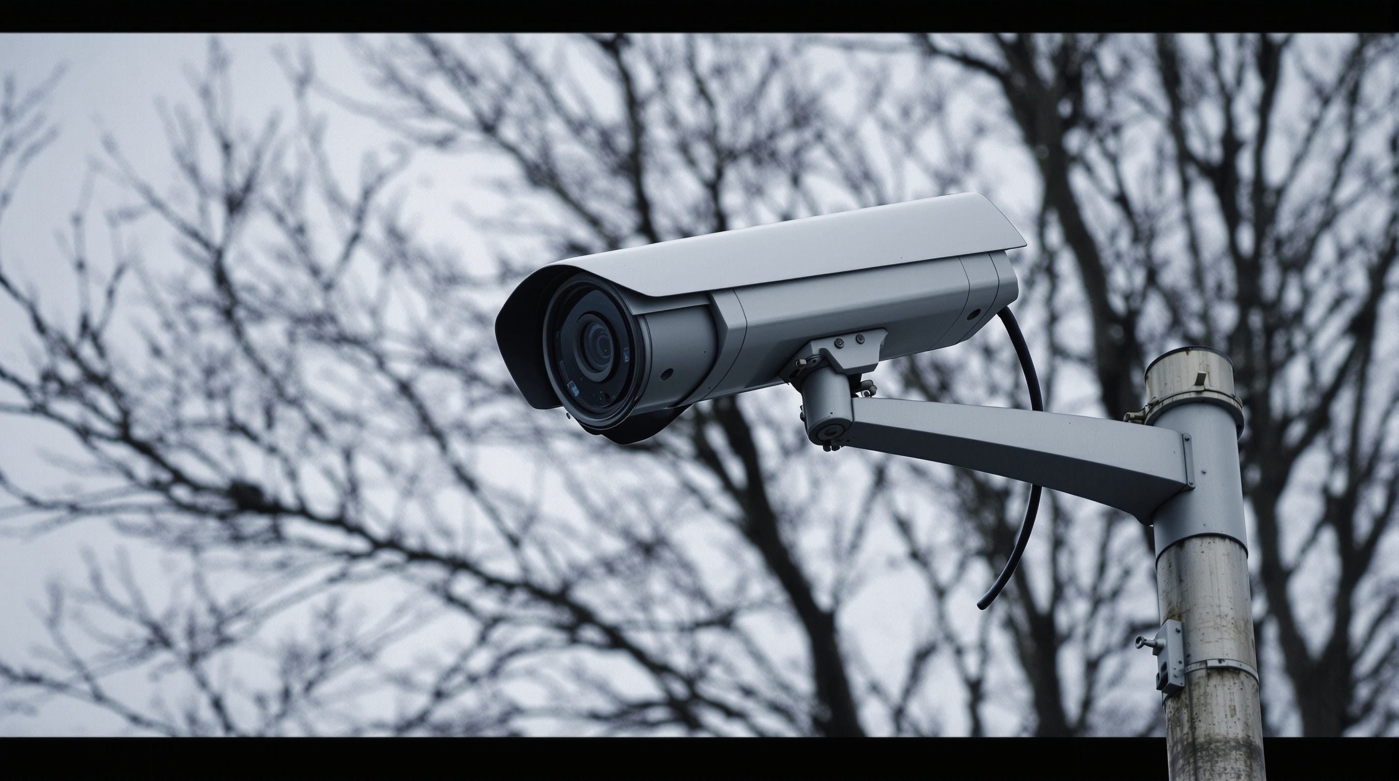 A surveillance camera mounted on a metal pole against a cloudy sky with trees in the background