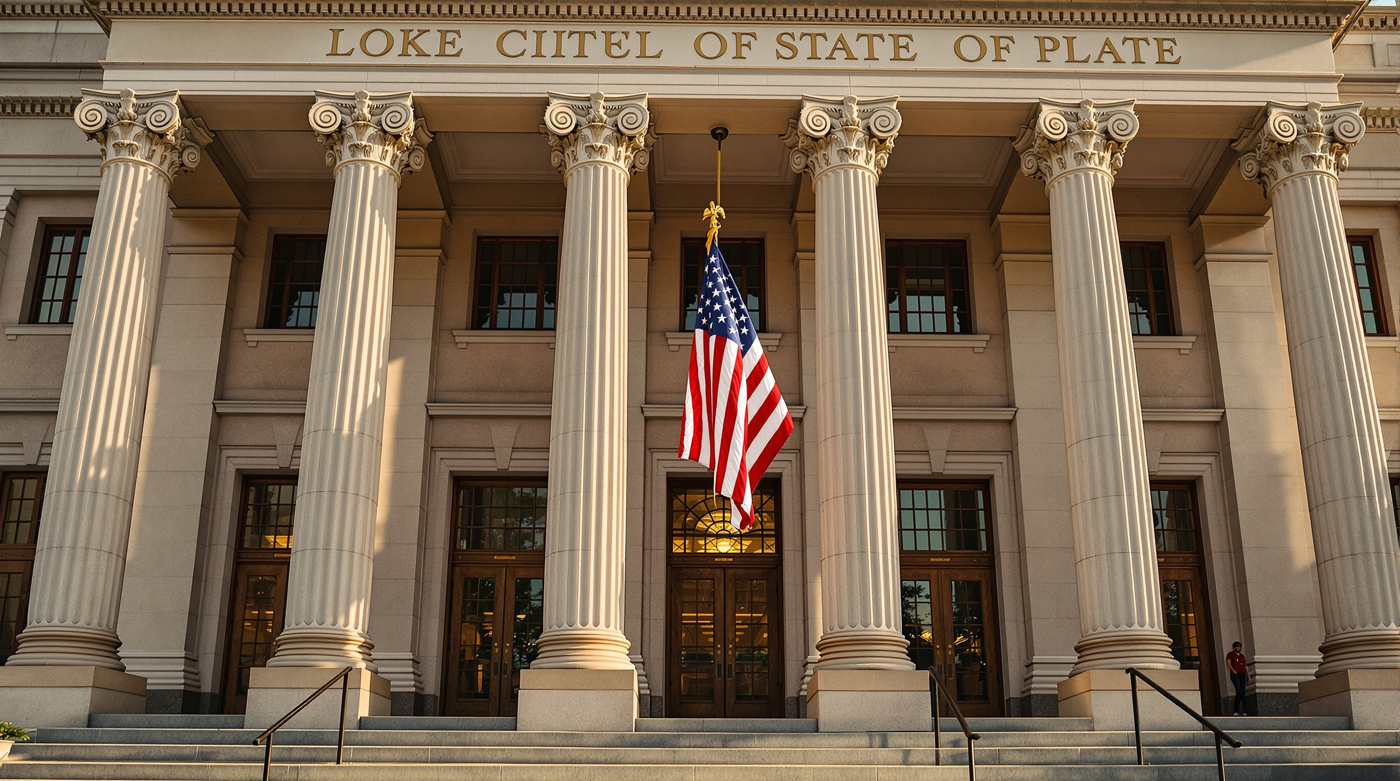 A close-up of a state government building entrance with stone columns and an American flag