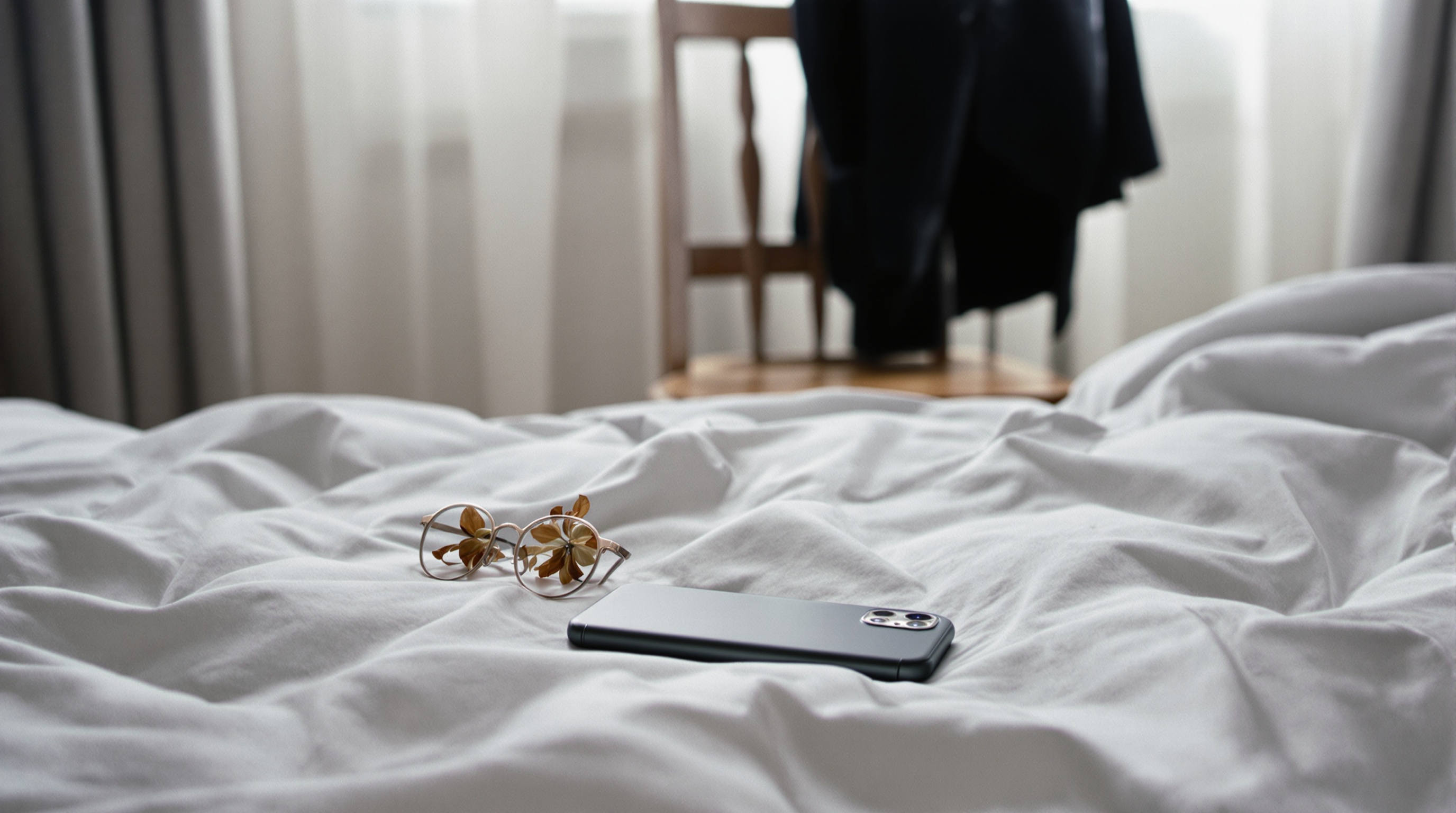 An unmade bed in morning light with a face-down phone, reading glasses and a dried buttonhole flower on the duvet, and a suit jacket over a chair behind.