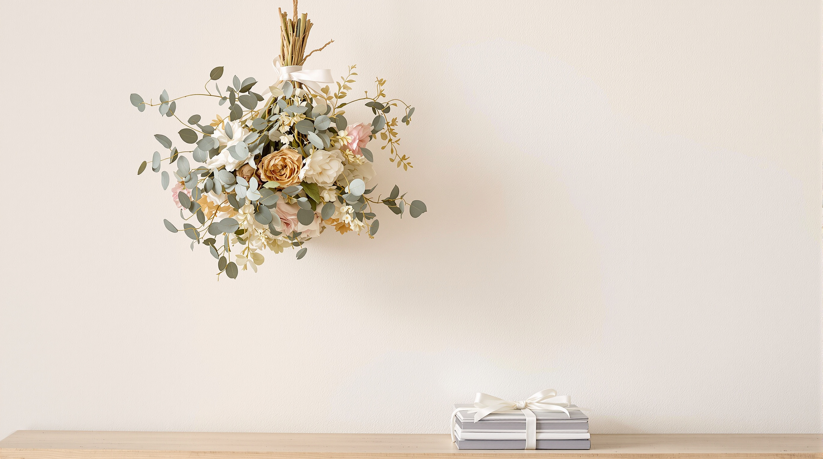 A bridal bouquet of dried roses and eucalyptus hanging upside down from twine against a pale plaster wall, a ribbon-tied stack of printed photographs on the shelf below