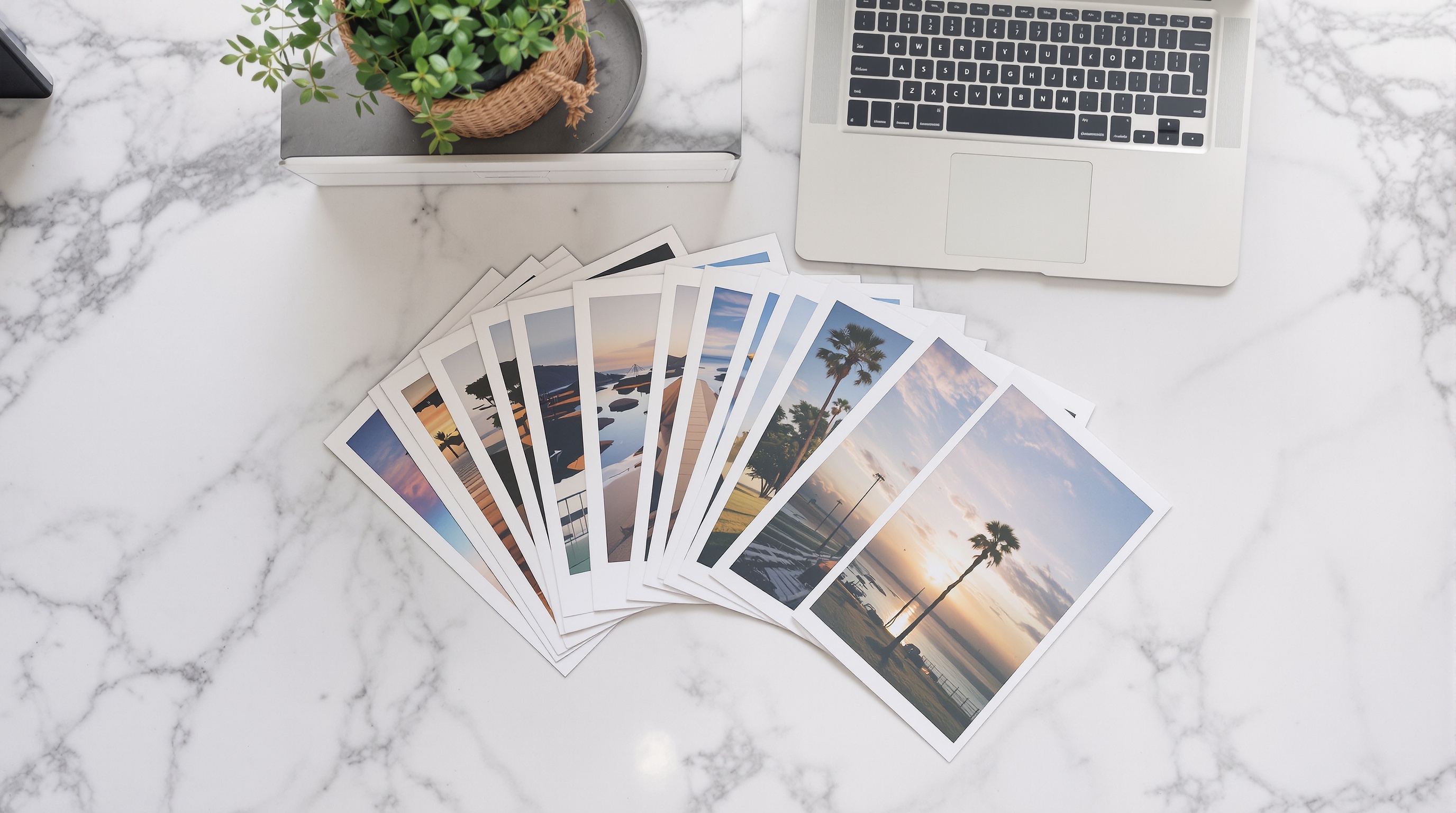 Physical photo prints spread across a light wooden table with warm natural light coming from a window