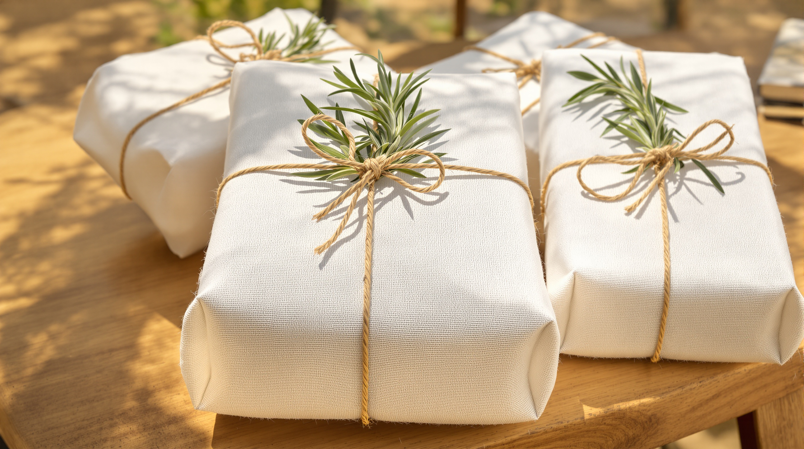 Parcels wrapped in white cloth and tied with twine and rosemary on a wooden table