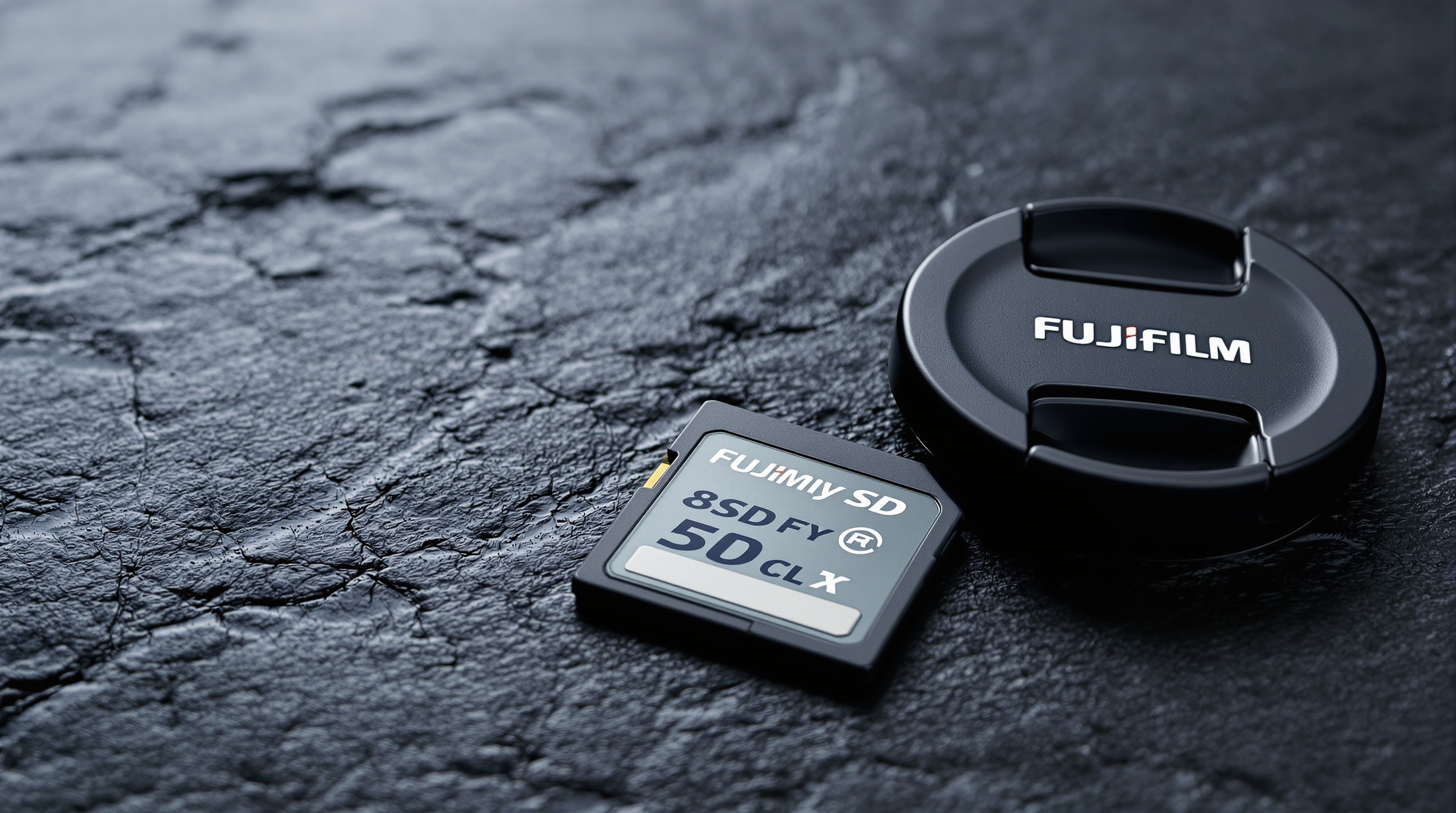 Close-up of a mirrorless camera body next to a row of SD memory cards on a dark surface