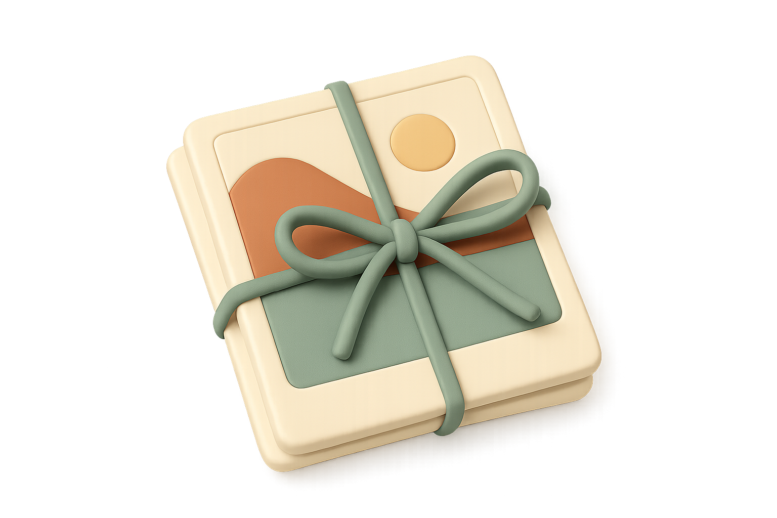 Illustration of a small stack of cream photo prints showing a terracotta hill and a yellow sun, tied with a sage green ribbon