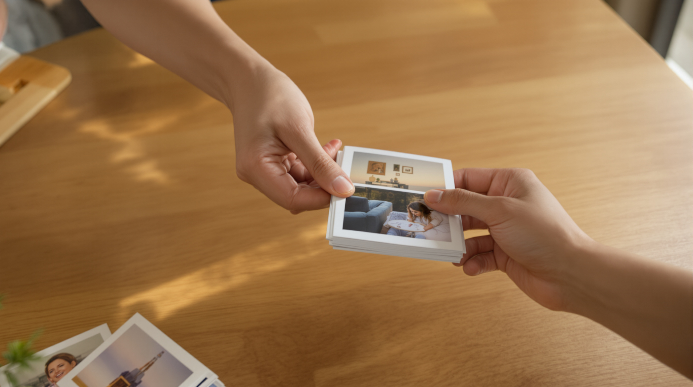 Two hands passing a small stack of photographic prints across a warm wooden table in late afternoon light