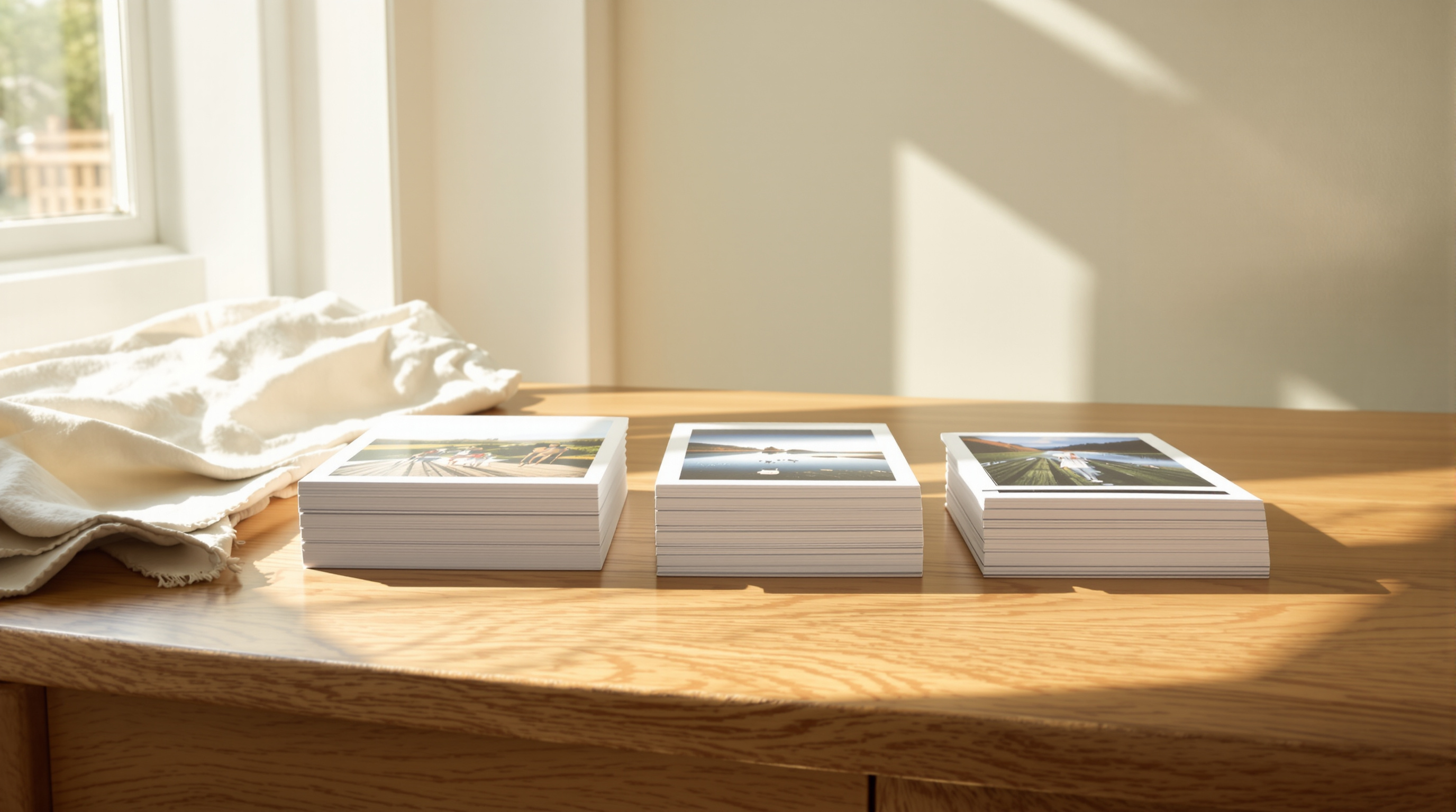 Four small stacks of photographic prints laid out in a row on a sunlit oak table beside a linen cloth