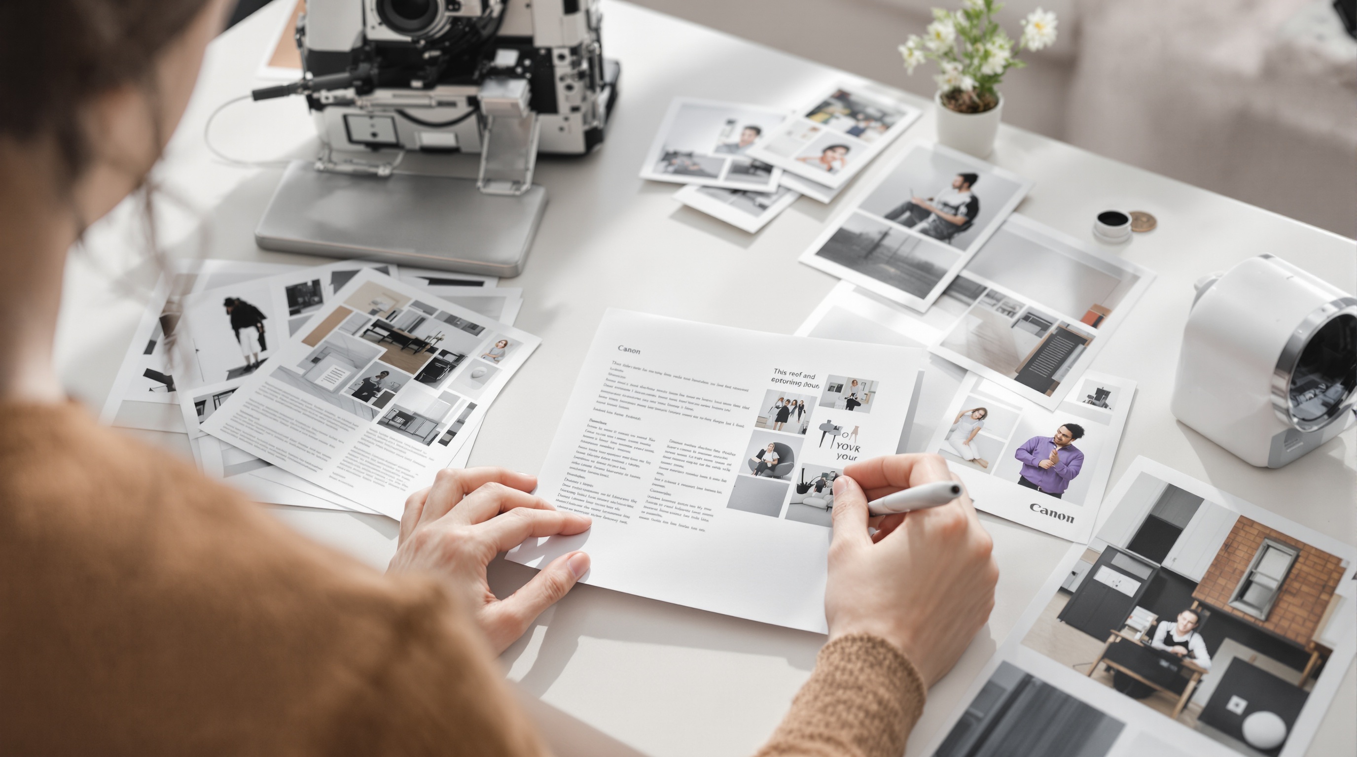 Person looking at photographs spread on a well-lit desk, shot from above at slight angle, Canon EOS R6 with 24-70mm f/2.8 at 35mm, natural diffused daylight, clean minimal workspace, desaturated tones